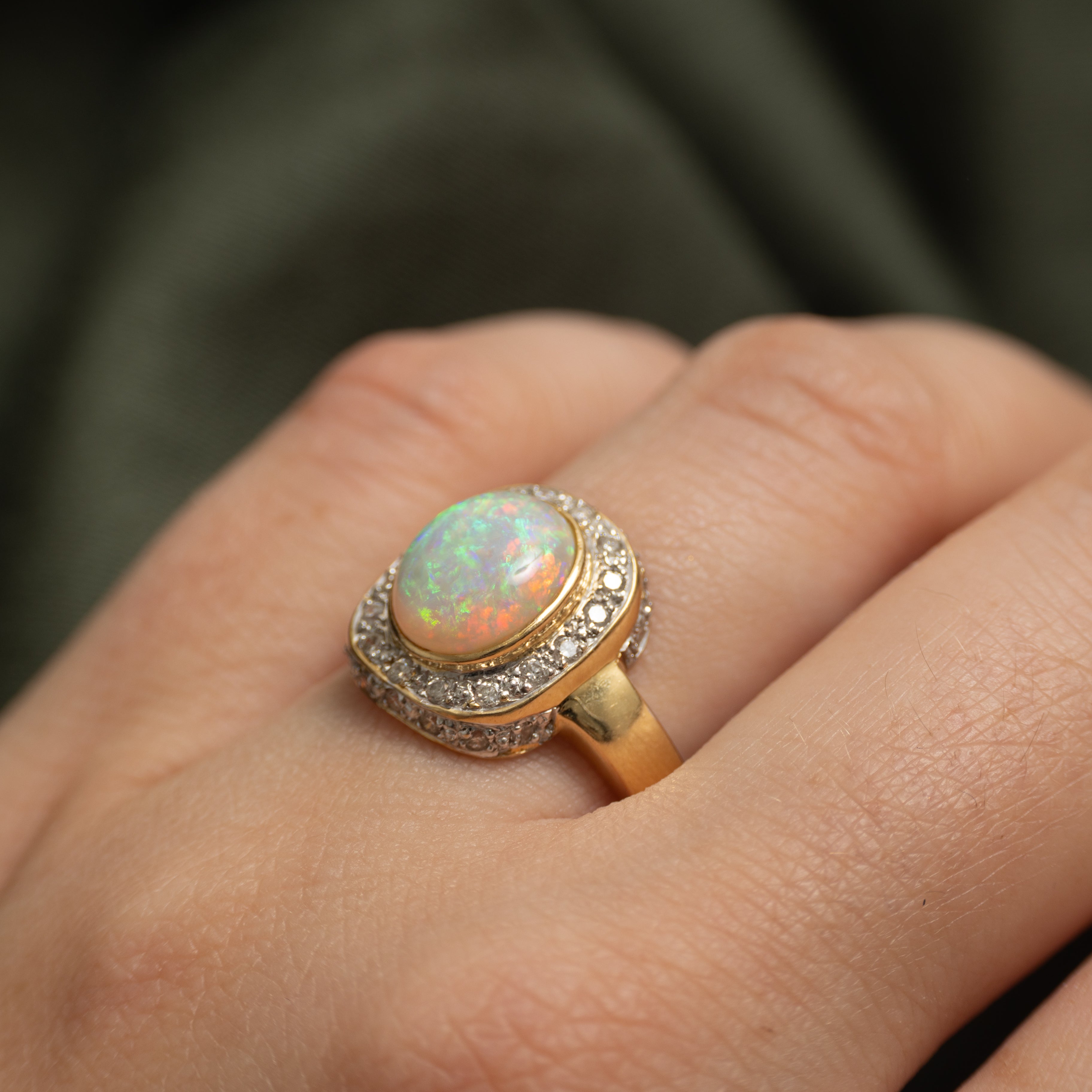 18k Cabochon Opal & Diamond Halo Ring | 1.71ct, 0.30ctw | SZ 6.75