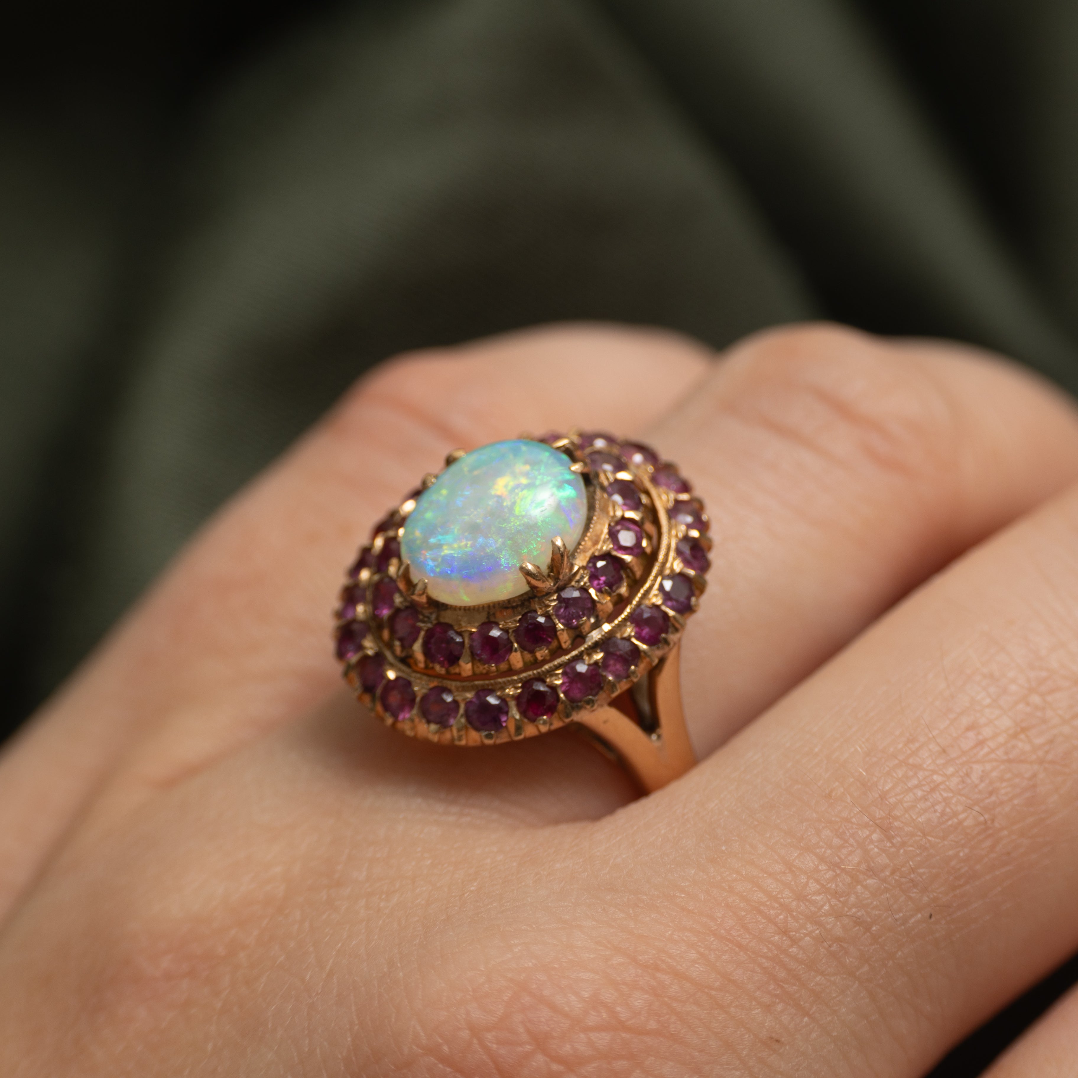 18k Cabochon Opal & Ruby Halo Cocktail Ring | 1.33ct, 0.88ctw | SZ 7.75