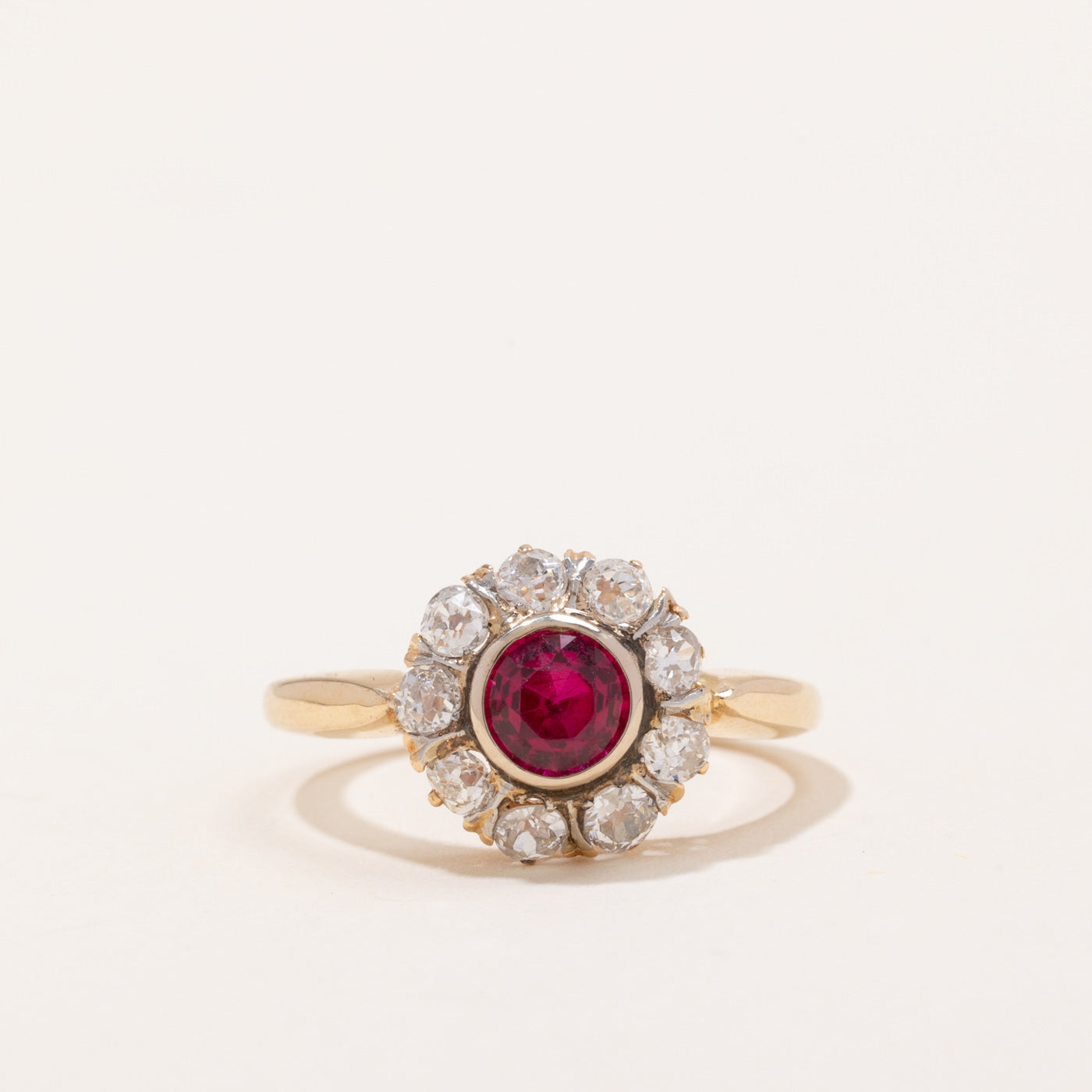 Edwardian Synthetic Ruby & Old Cut Diamond Daisy Halo Ring | 0.70ct, 0.67ctw | SZ 5.75 |