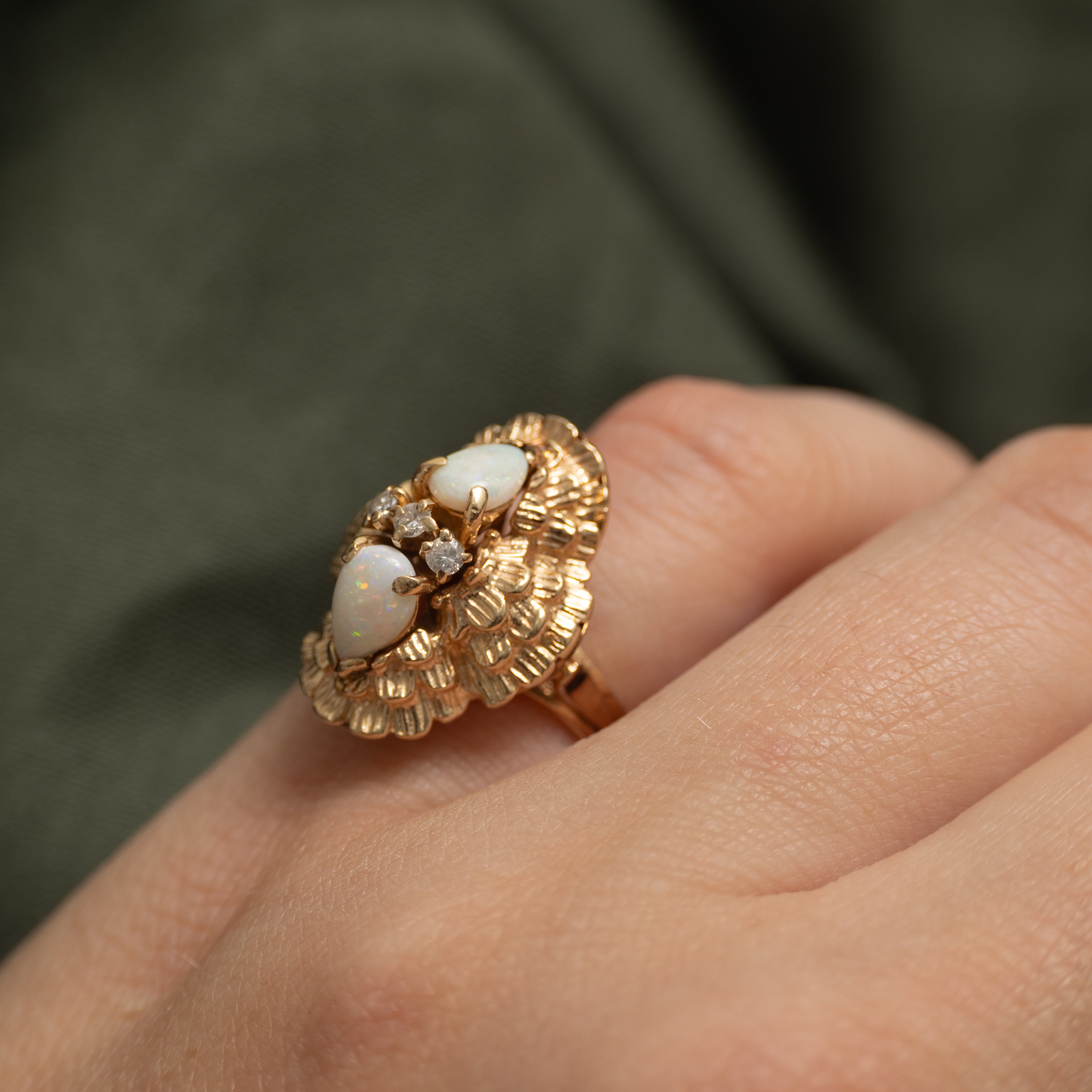 Pear Cut Opal & Diamond Textured Ring | 0.54ctw, 0.07ctw | SZ 3.25