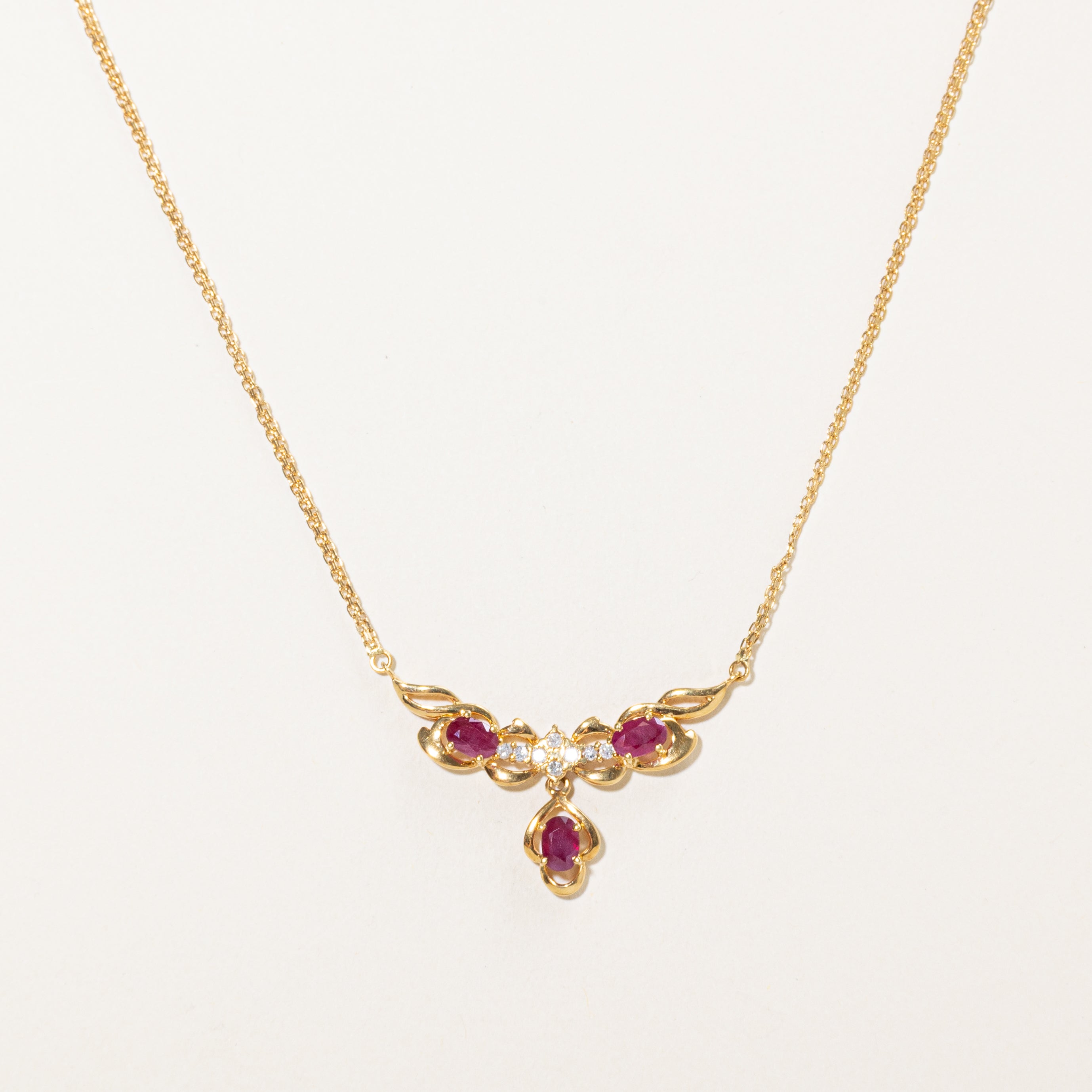 18k Ruby & Diamond Dangling Pendant Necklace | 1.35ctw, 0.16ctw | 14"