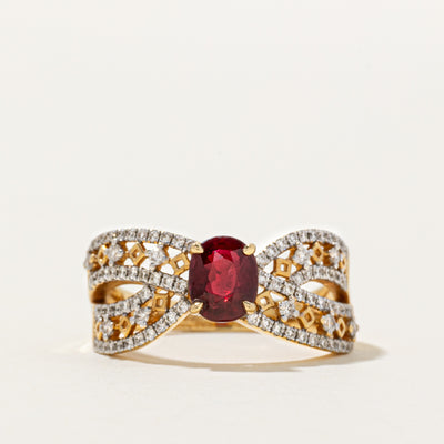 18k Ruby & Diamond Cross Over Ring | 1.05ct, 0.42ctw | SZ 6.75