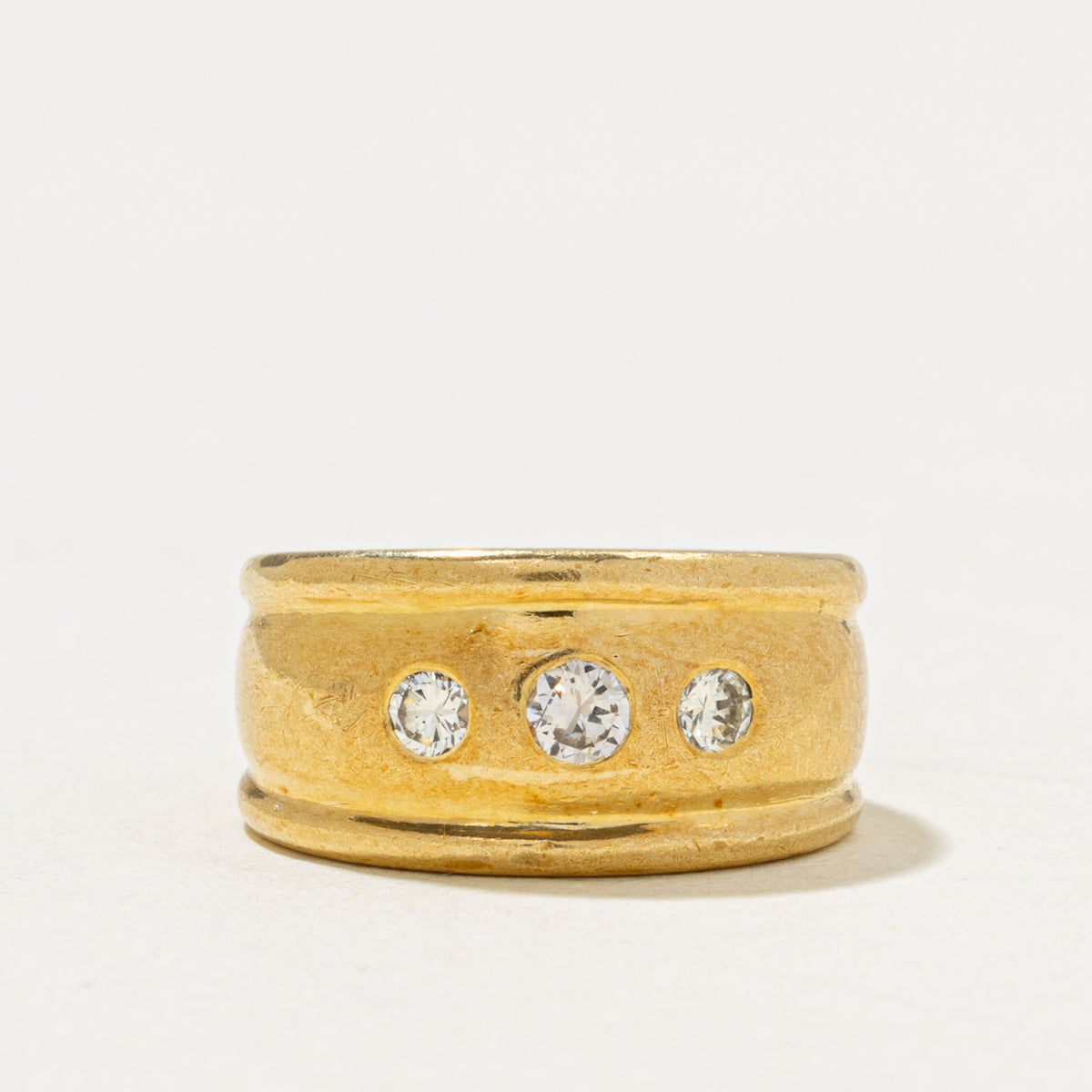 18k Flush Set Three Stone Diamond Grooved Band | 0.18ctw | 8.80mm | SZ 3.5