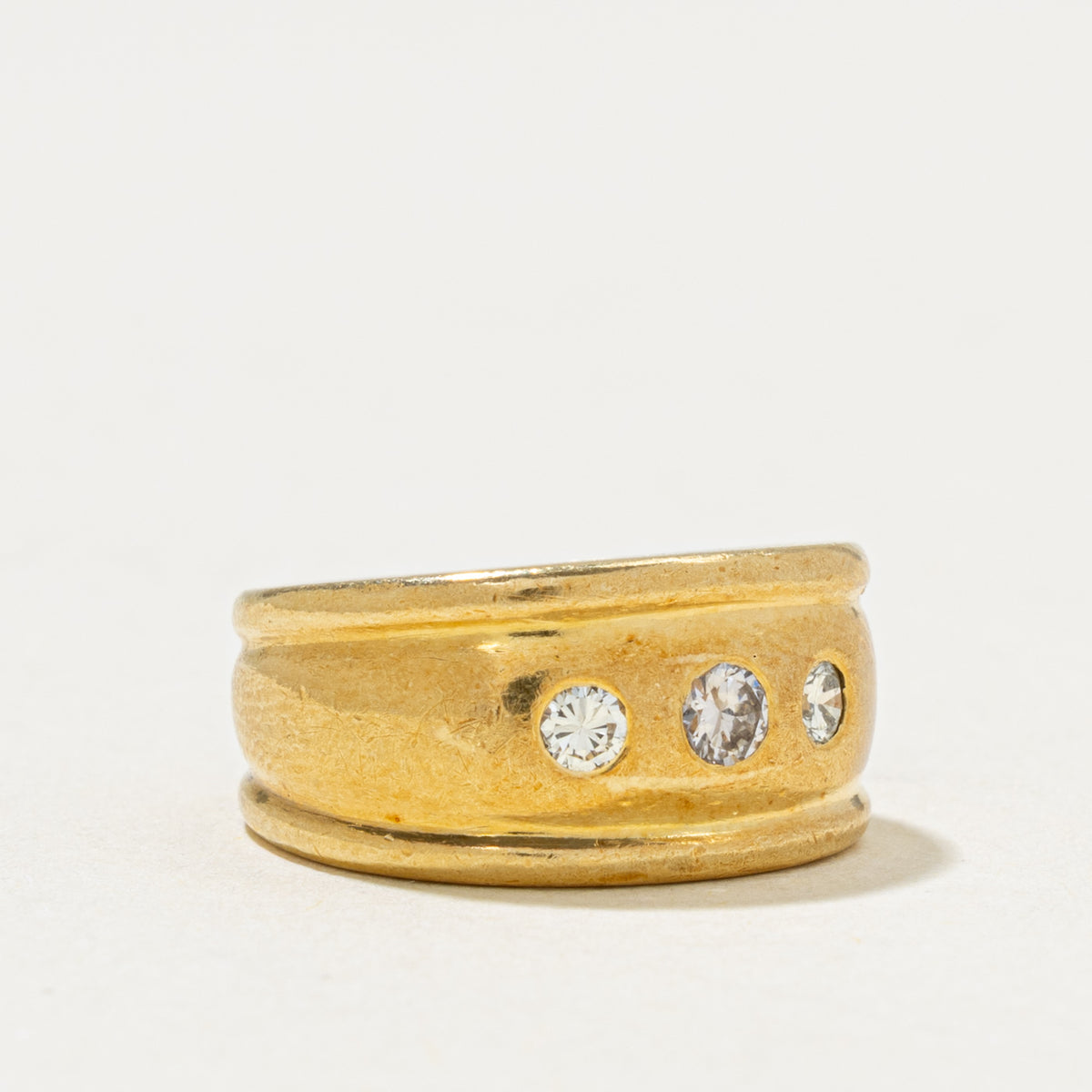 18k Flush Set Three Stone Diamond Grooved Band | 0.18ctw | 8.80mm | SZ 3.5
