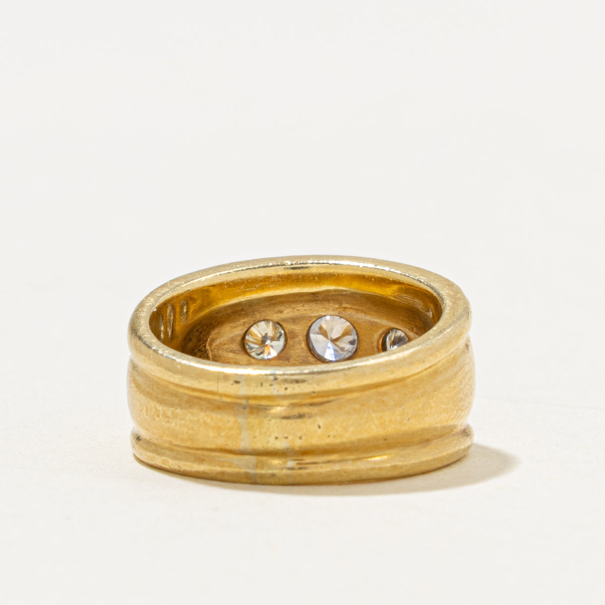 18k Flush Set Three Stone Diamond Grooved Band | 0.18ctw | 8.80mm | SZ 3.5