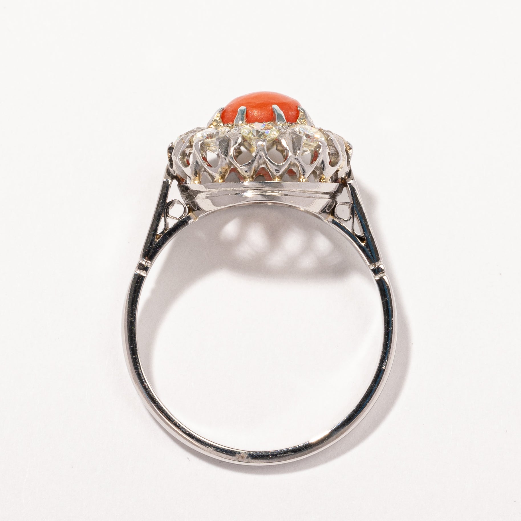 Vintage Platinum Coral and Diamond Ring | 1.68ctw | SZ 8.5