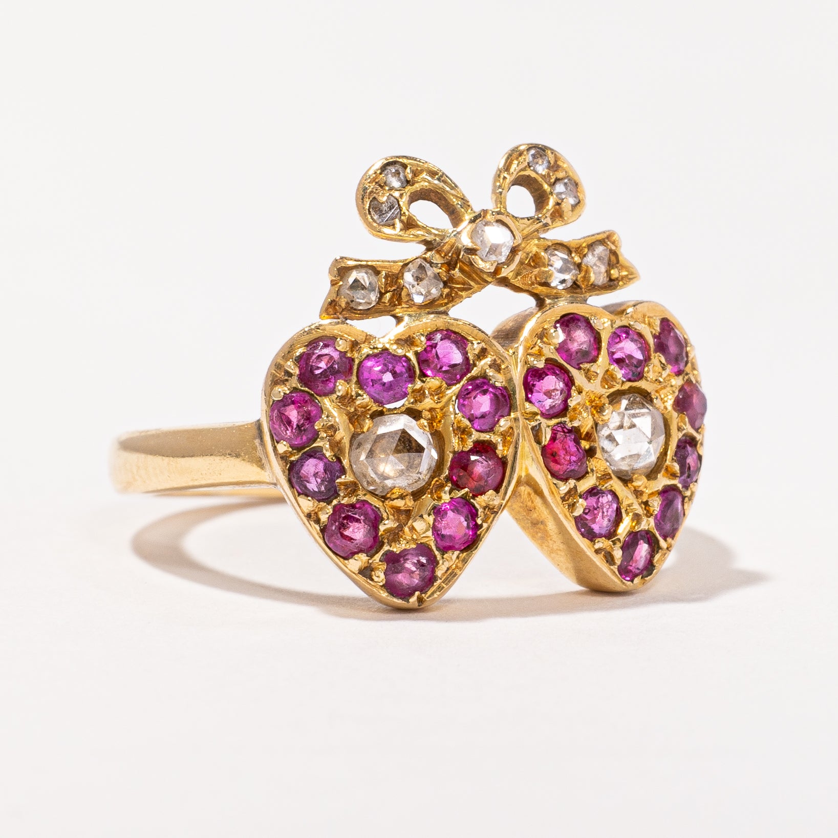 Victorian Ruby & Rose Cut Diamond Double Heart & Bow Ring | 0.50ctw, 0.24ctw | SZ 5.5 |