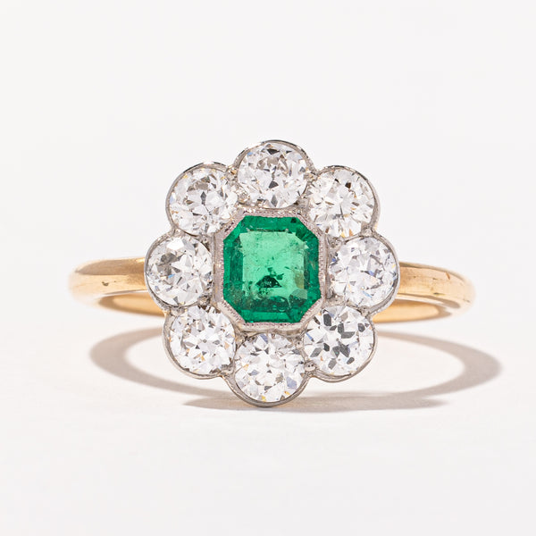 Edwardian Emerald and Old European Cut Diamond Halo Ring | 1.32ctw, 0.56ct | SZ 6.5 |
