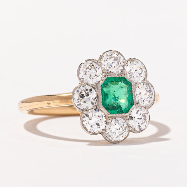 Edwardian Emerald and Old European Cut Diamond Halo Ring | 1.32ctw, 0.56ct | SZ 6.5 |