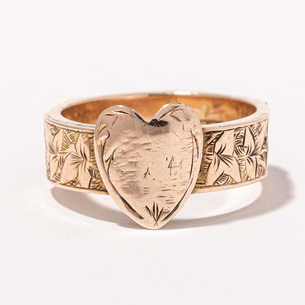 1884 Victorian 9k Heart Ring with Hand Carving and Blue Ribbon | SZ 5.75 |