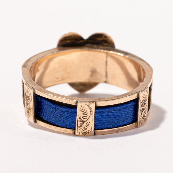1884 Victorian 9k Heart Ring with Hand Carving and Blue Ribbon | SZ 5.75 |