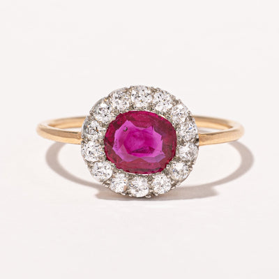 Edwardian Ruby & Old European Cut Diamond Halo Ring | 0.90ct, 0.42ctw | SZ 6 |