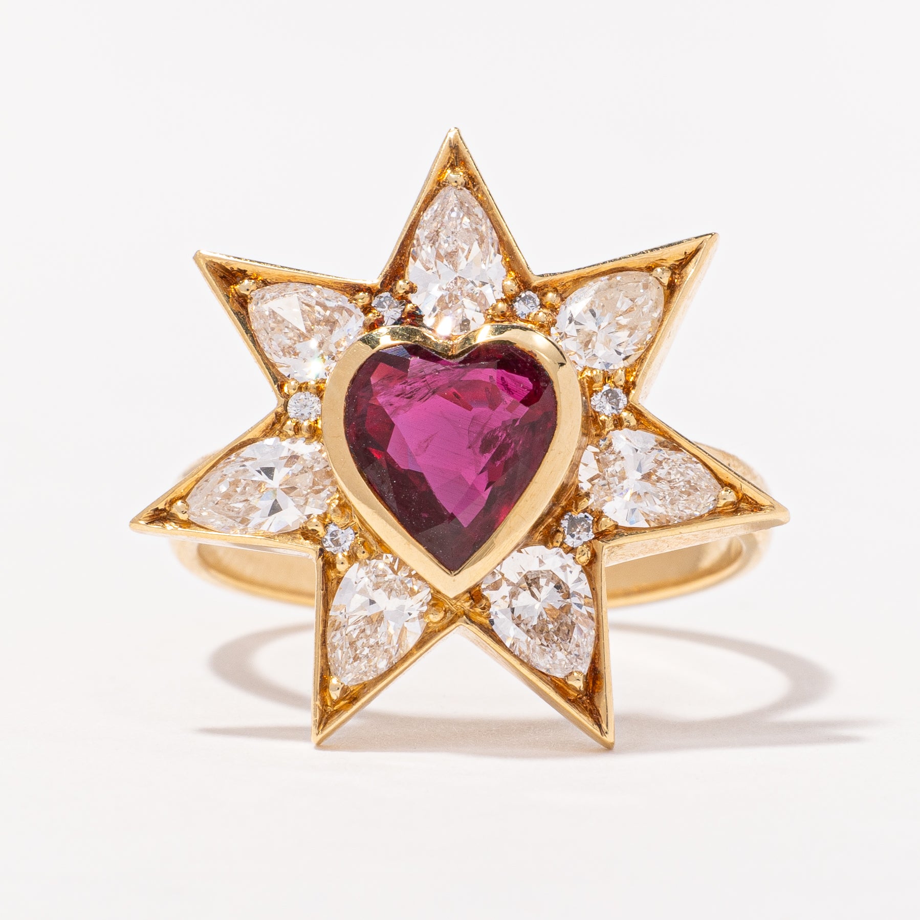 Unheated Heart Ruby and Diamond Star Ring | 1.43ctw, 1.30ct | SZ 7.5 |