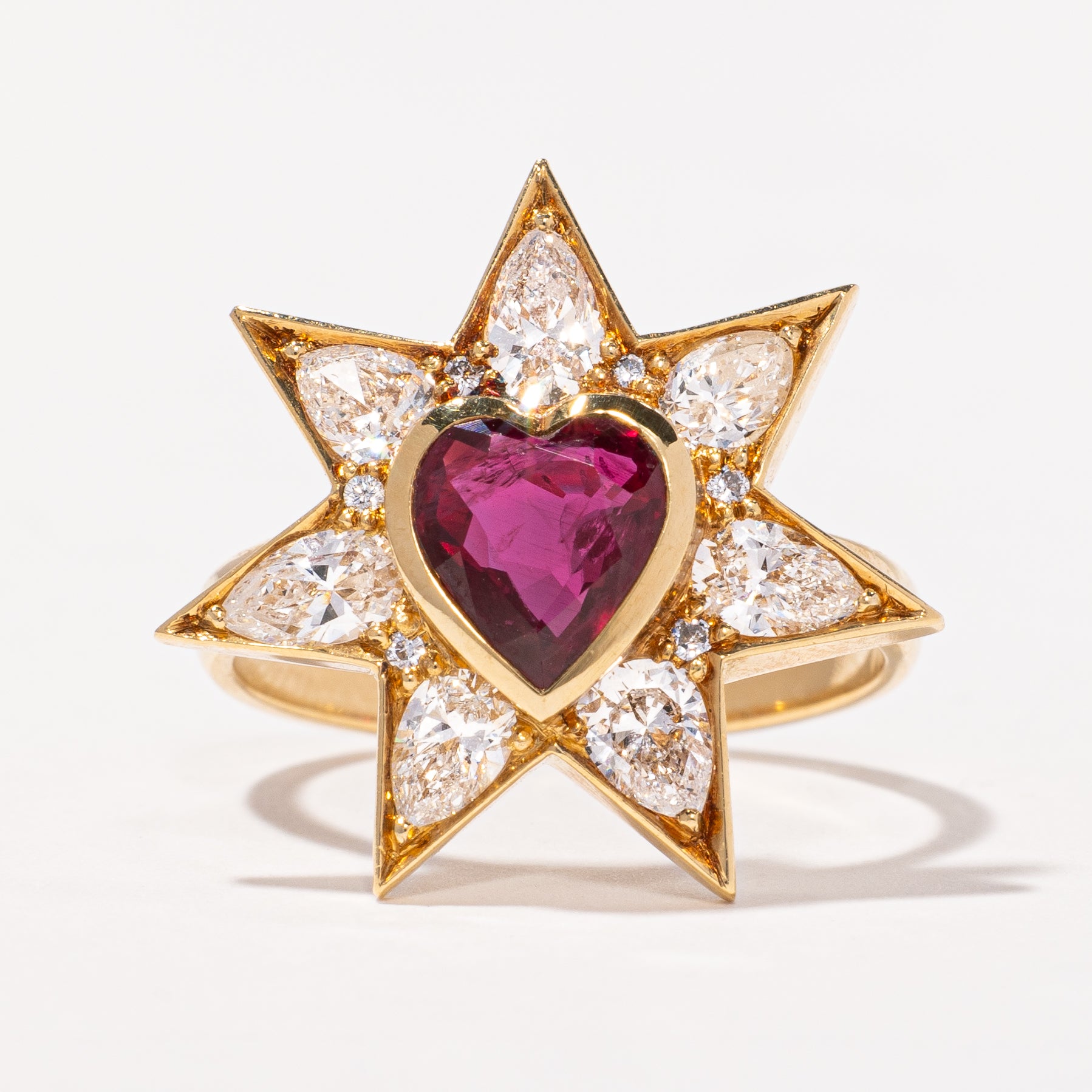 Unheated Heart Ruby and Diamond Star Ring | 1.43ctw, 1.30ct | SZ 7.5 |