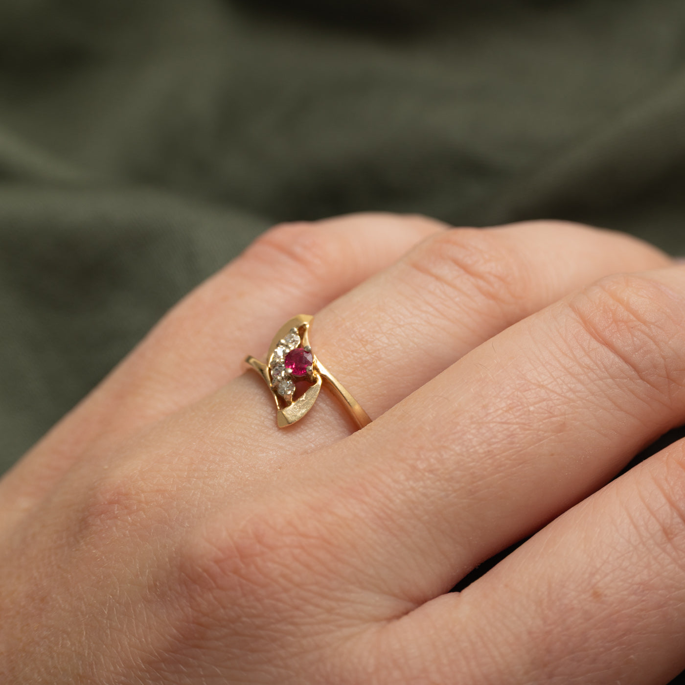 Synthetic Ruby & Natural Diamond Openwork Bypass Ring | SZ 7