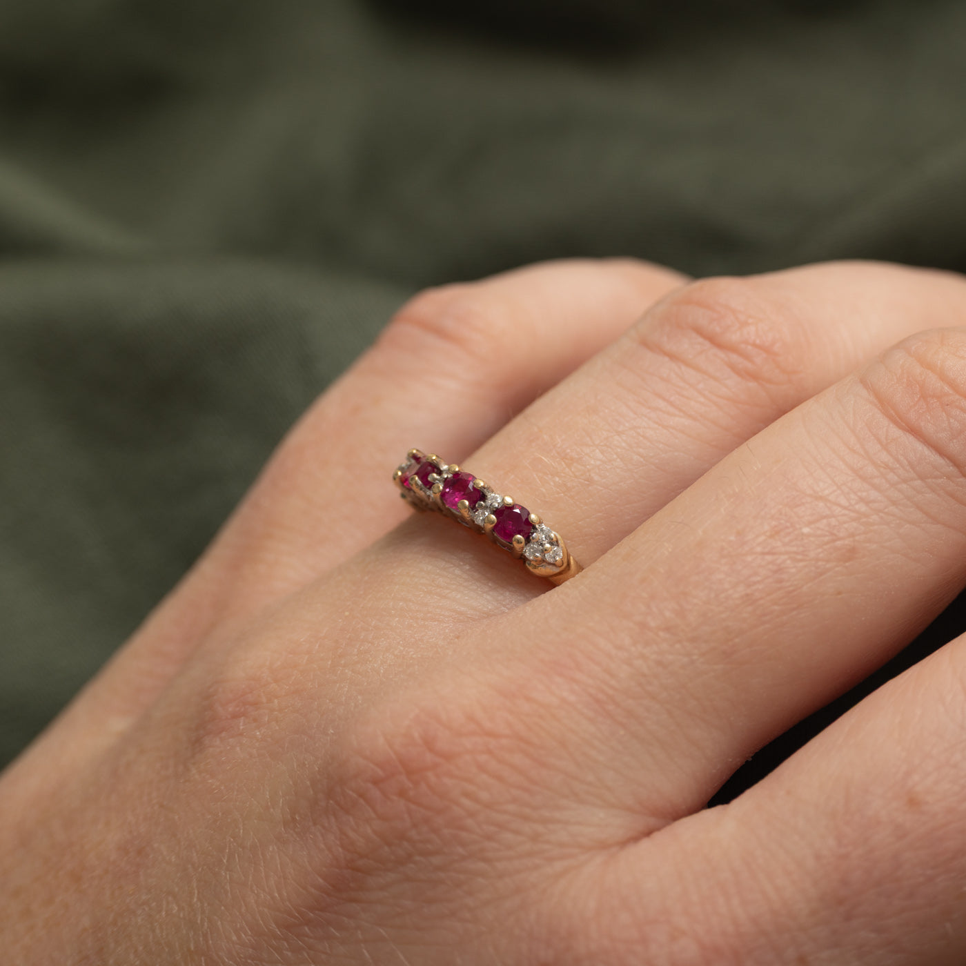 Three Stone Synthetic Ruby & Natural Diamond Ring | SZ 6.75