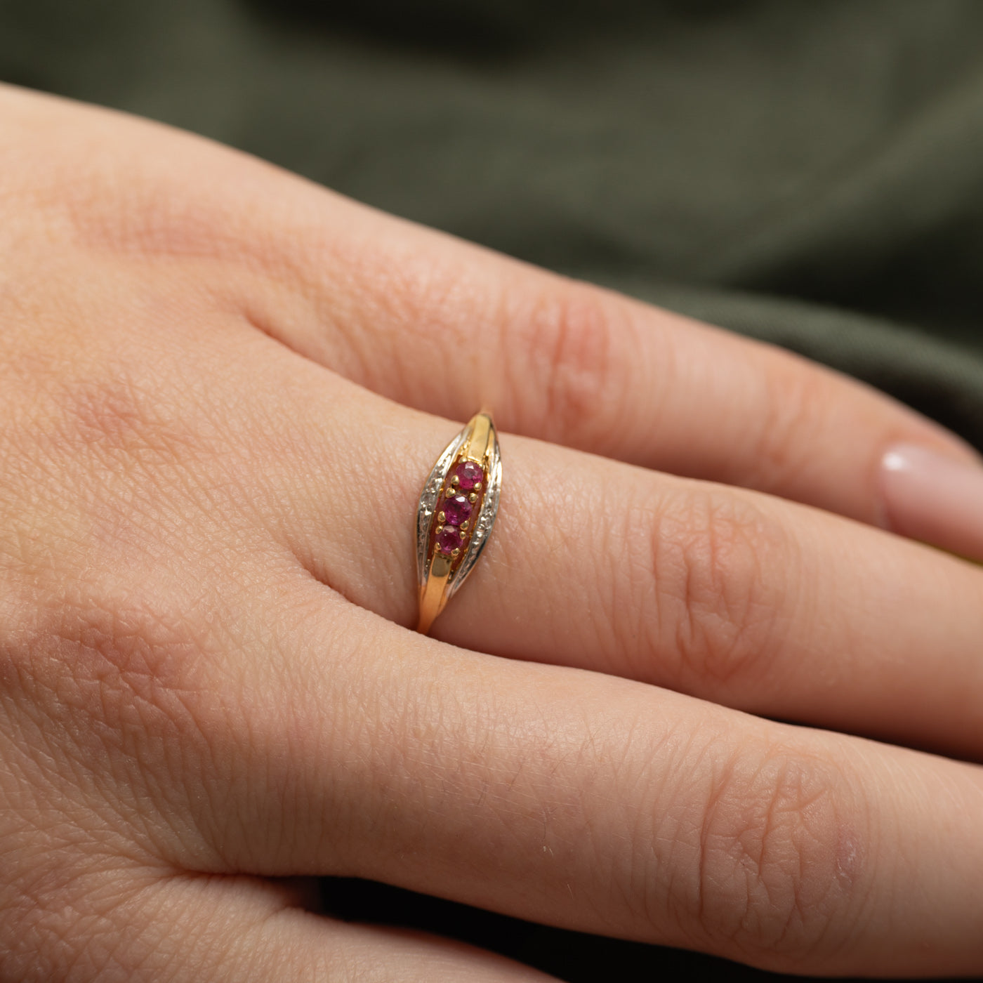 Three Stone Synthetic Ruby & Natural Diamond Ring | SZ 6.75