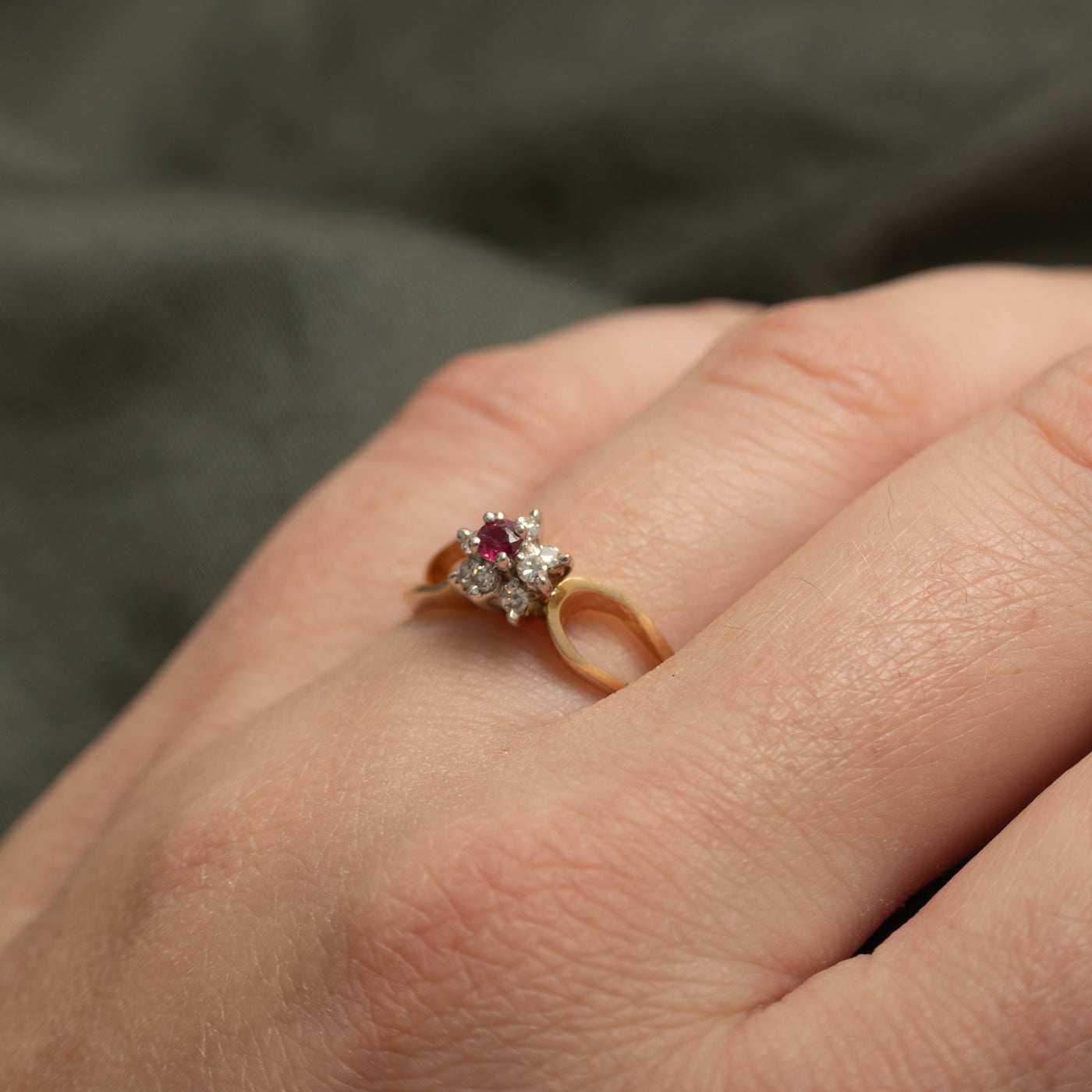 Ruby & Diamond Petal Open Shank Ring | SZ 6.75