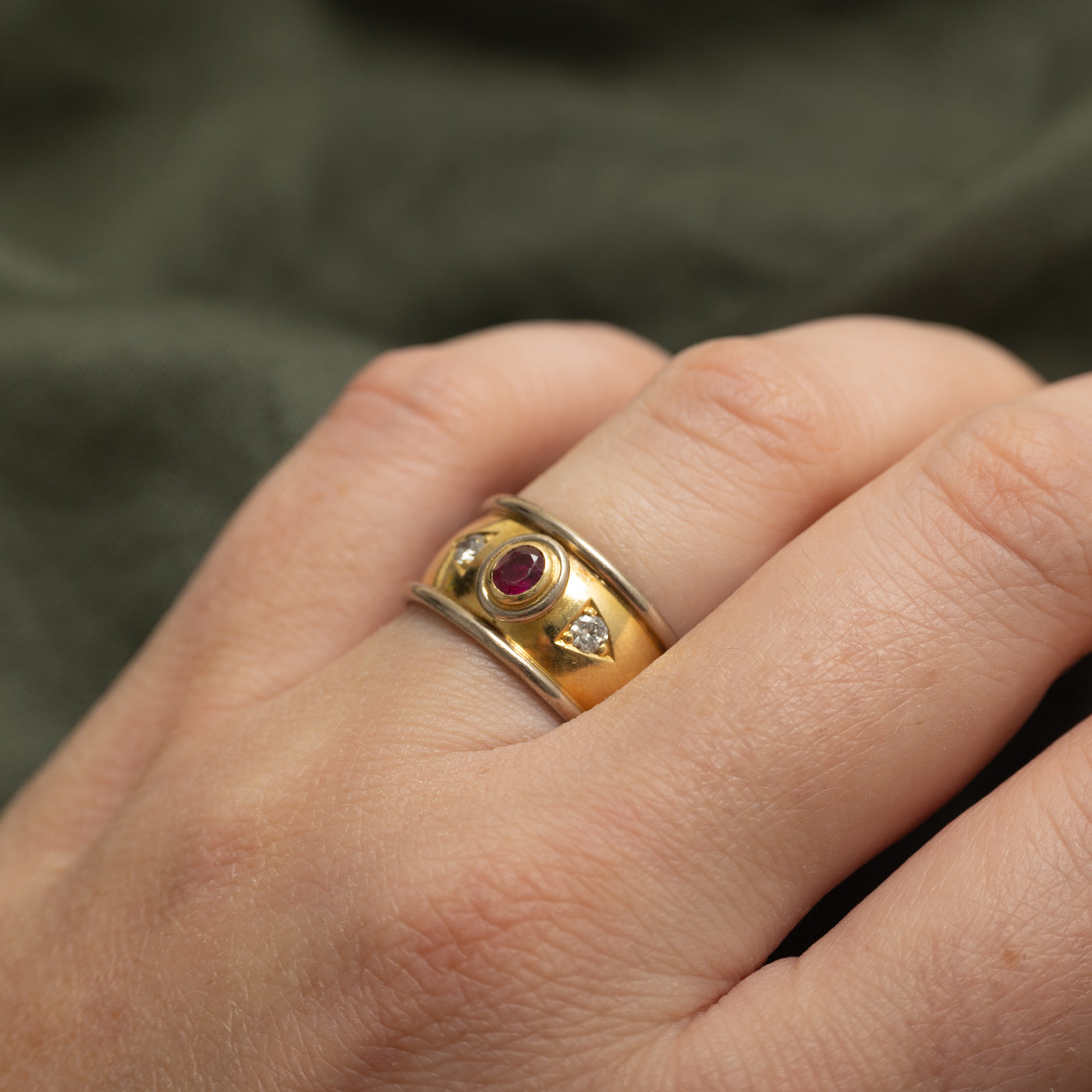 18k Bezel Set Ruby & Diamond Chunky Band | SZ 6.75