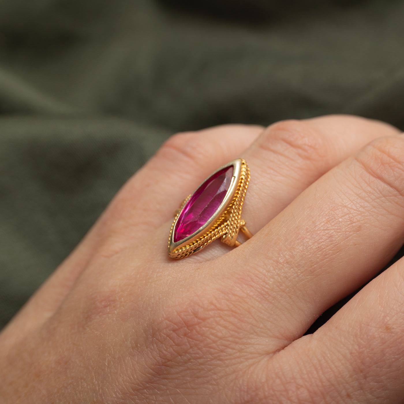 18k Bezel Set Synthetic Ruby Navette Ring | SZ 5.75