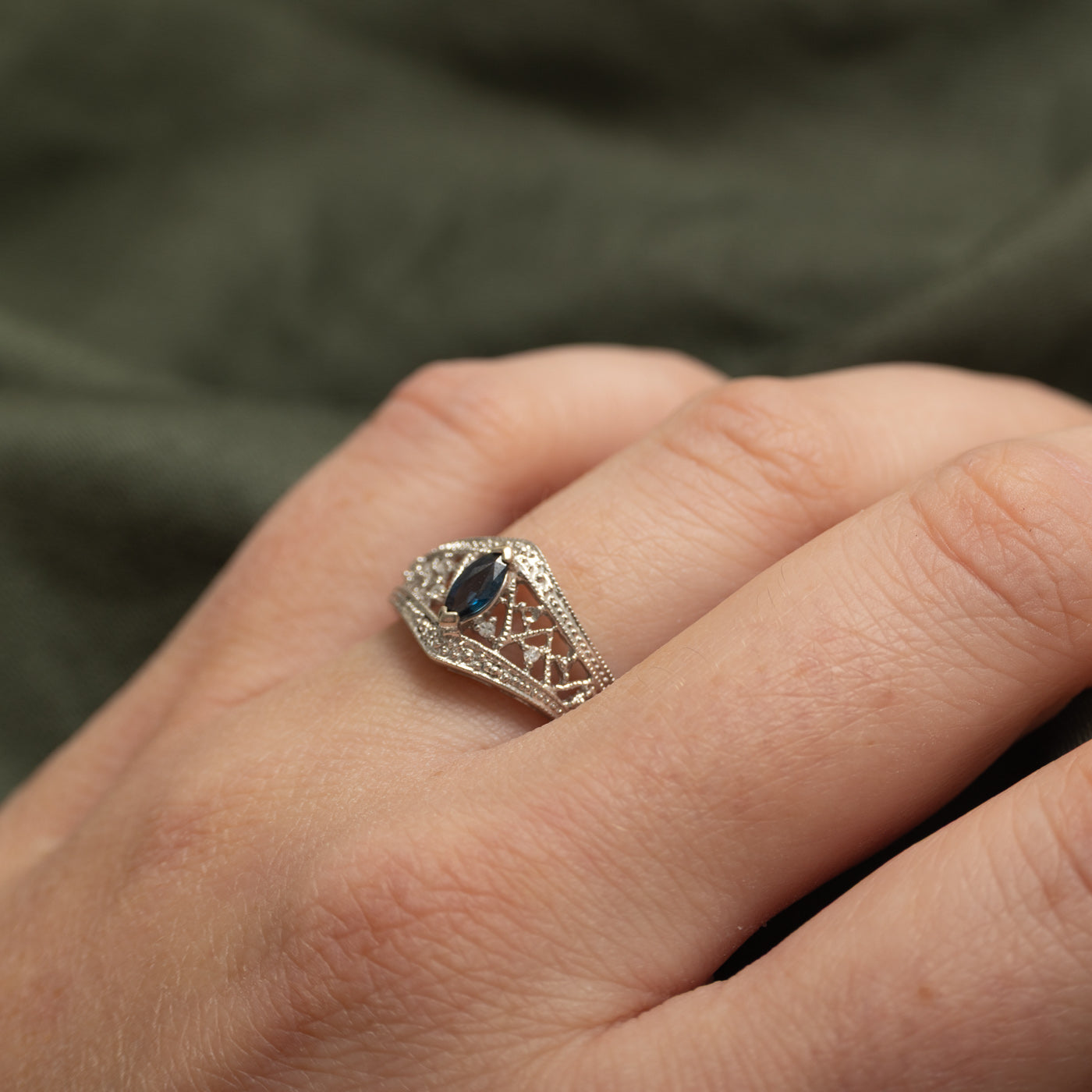 Marquise Cut Sapphire & Diamond Ornate Openwork Ring | SZ 6.75
