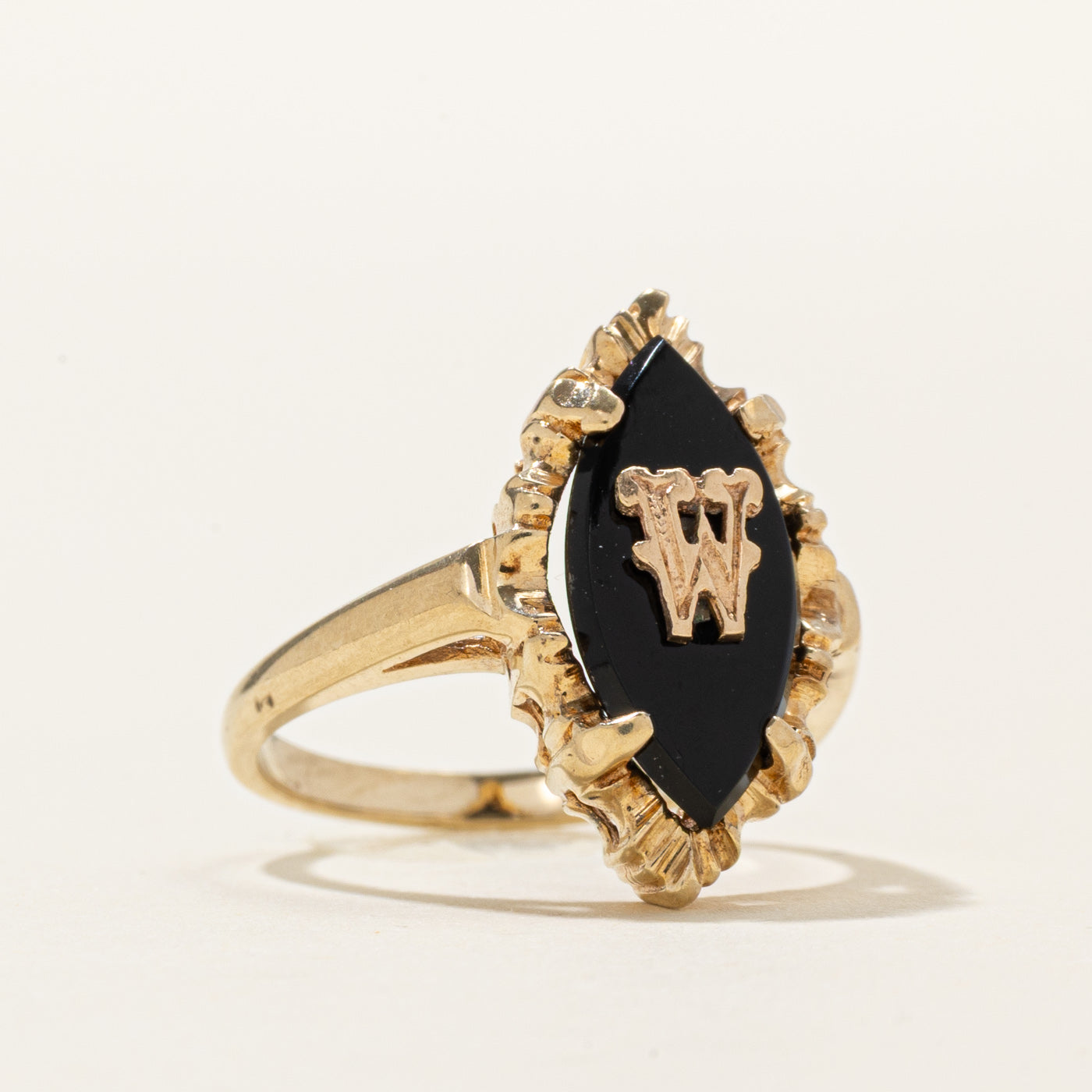 Cabochon Onyx "W" Initial Navette Ring | SZ 5