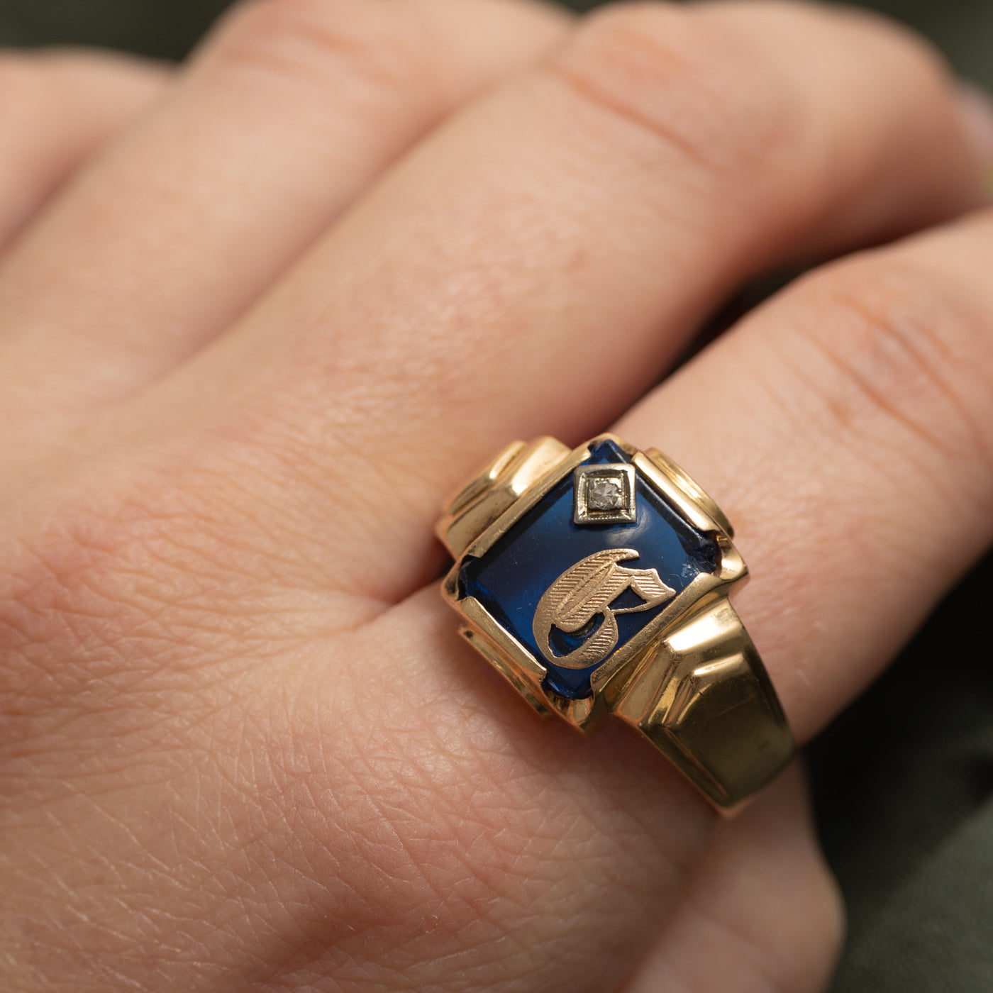 Synthetic Sapphire & Natural Diamond "B" Initial Signet Ring | SZ 11.75