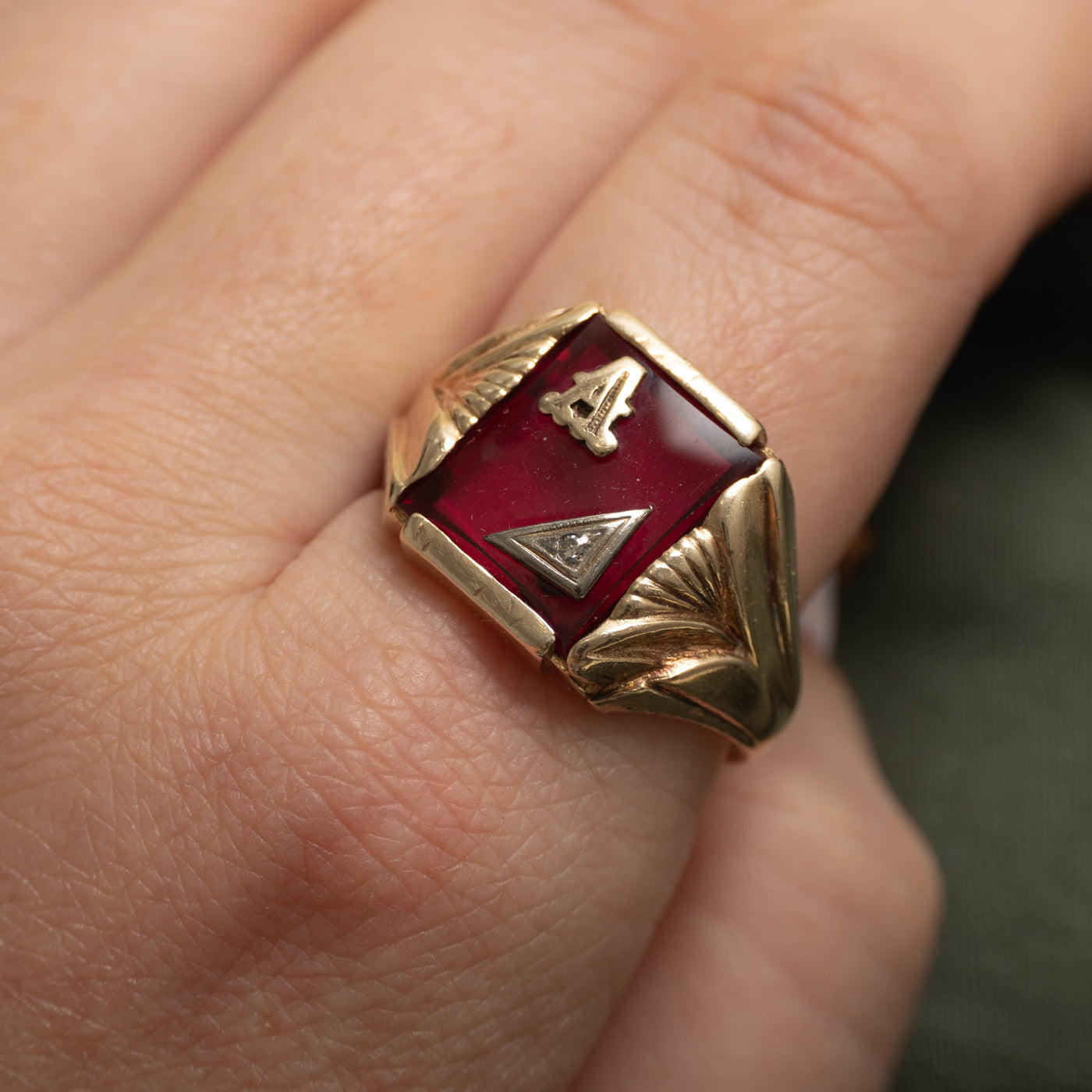 Synthetic Ruby & Diamond "A" Initial Signet Ring | SZ 10.5