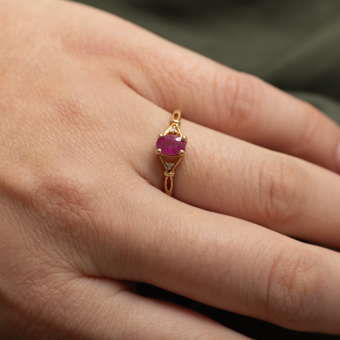 Oval Cut Synthetic Ruby & Natural Diamond Accented Ring | SZ 7