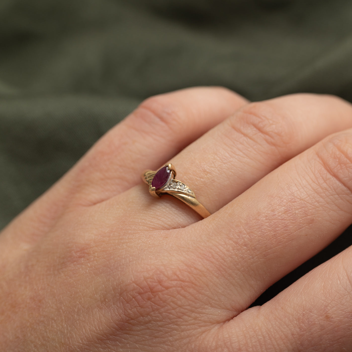 Marquise Cut Synthetic Ruby & Natural Diamond Grooved Ring | SZ 7.5