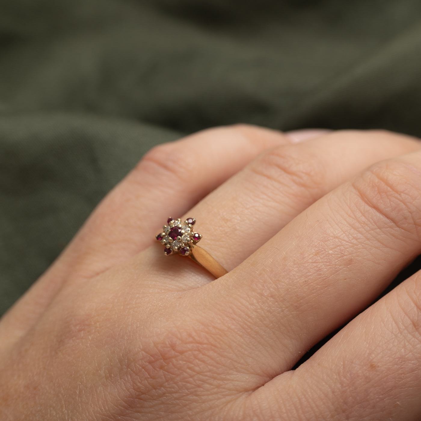 Synthetic Ruby & Diamond Petal Cluster Ring | SZ 6.5