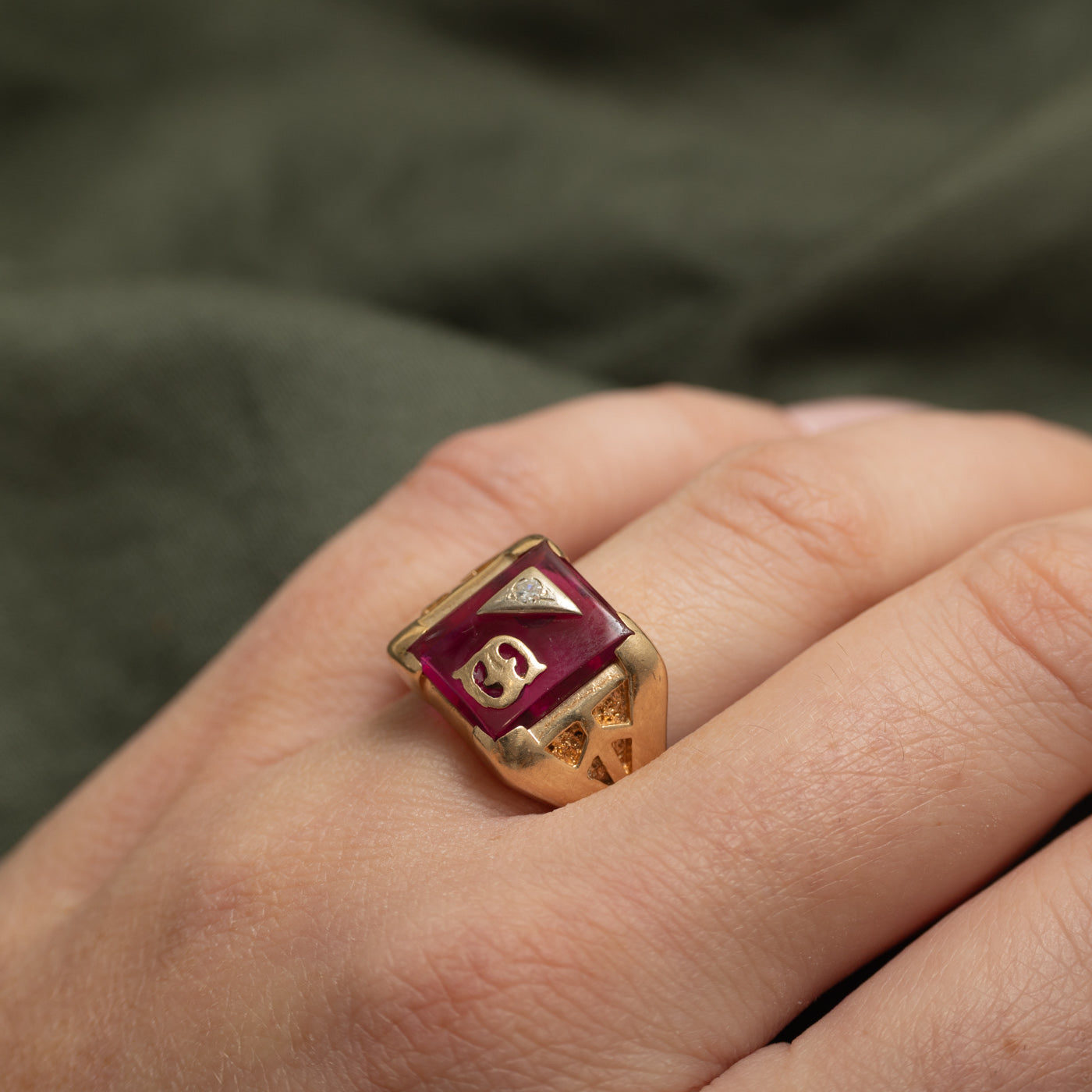Synthetic Ruby & Natural Diamond "S" Initial Signet Ring | SZ 9.5