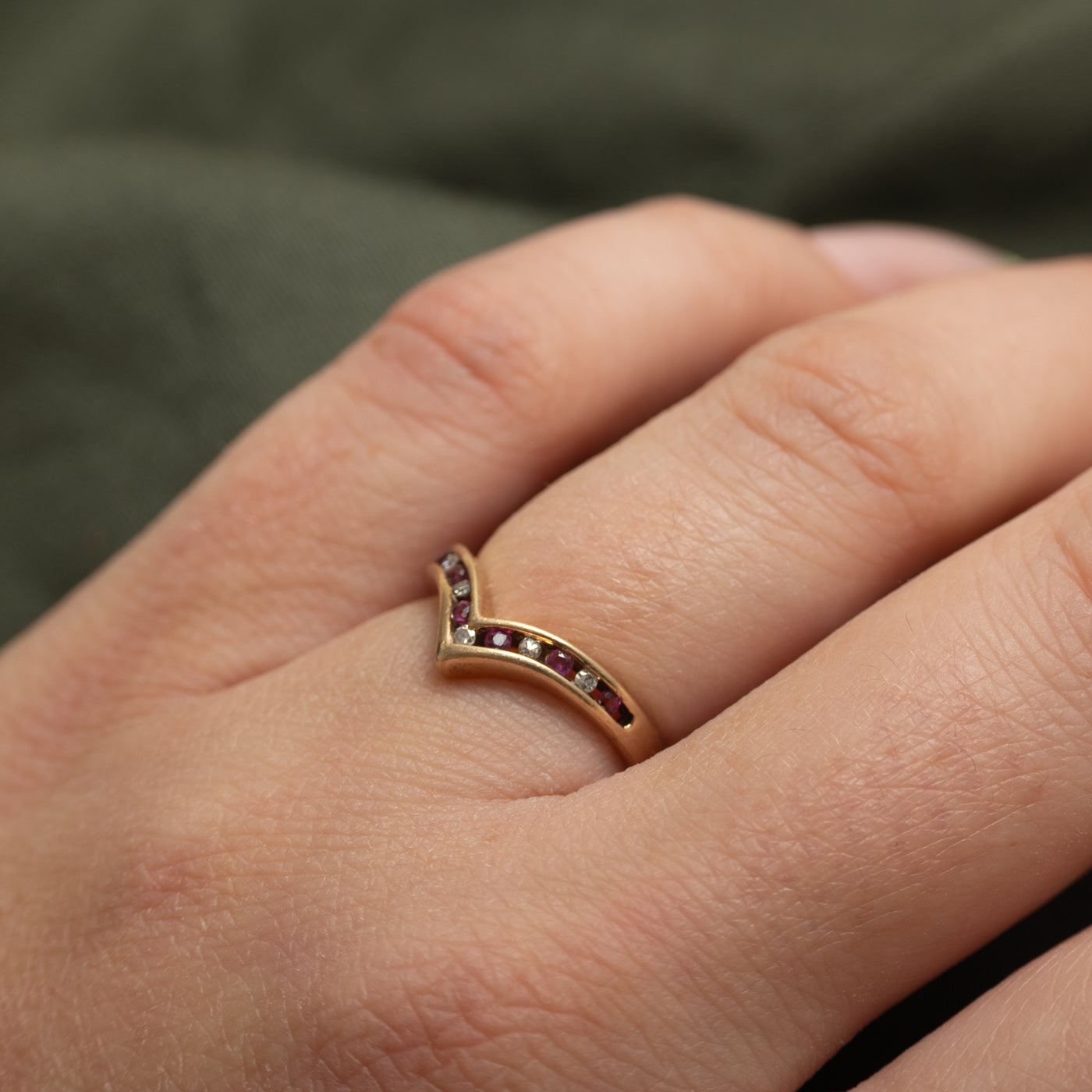 Channel Set Diamond & Ruby Chevron Ring | SZ 4.25