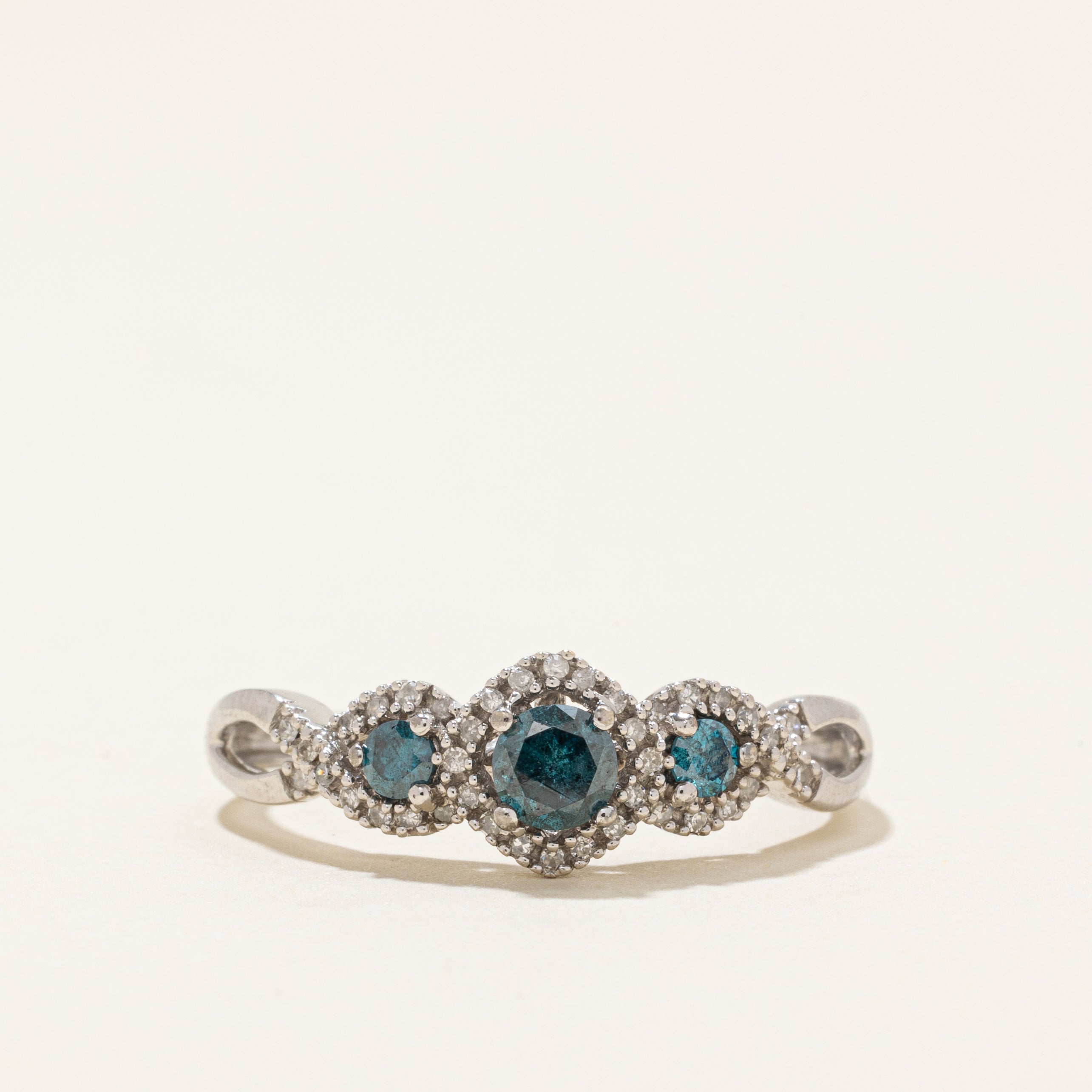 Three Stone Blue & White Diamond Halo Crossover Ring | 0.37ctw | SZ 8.5 |