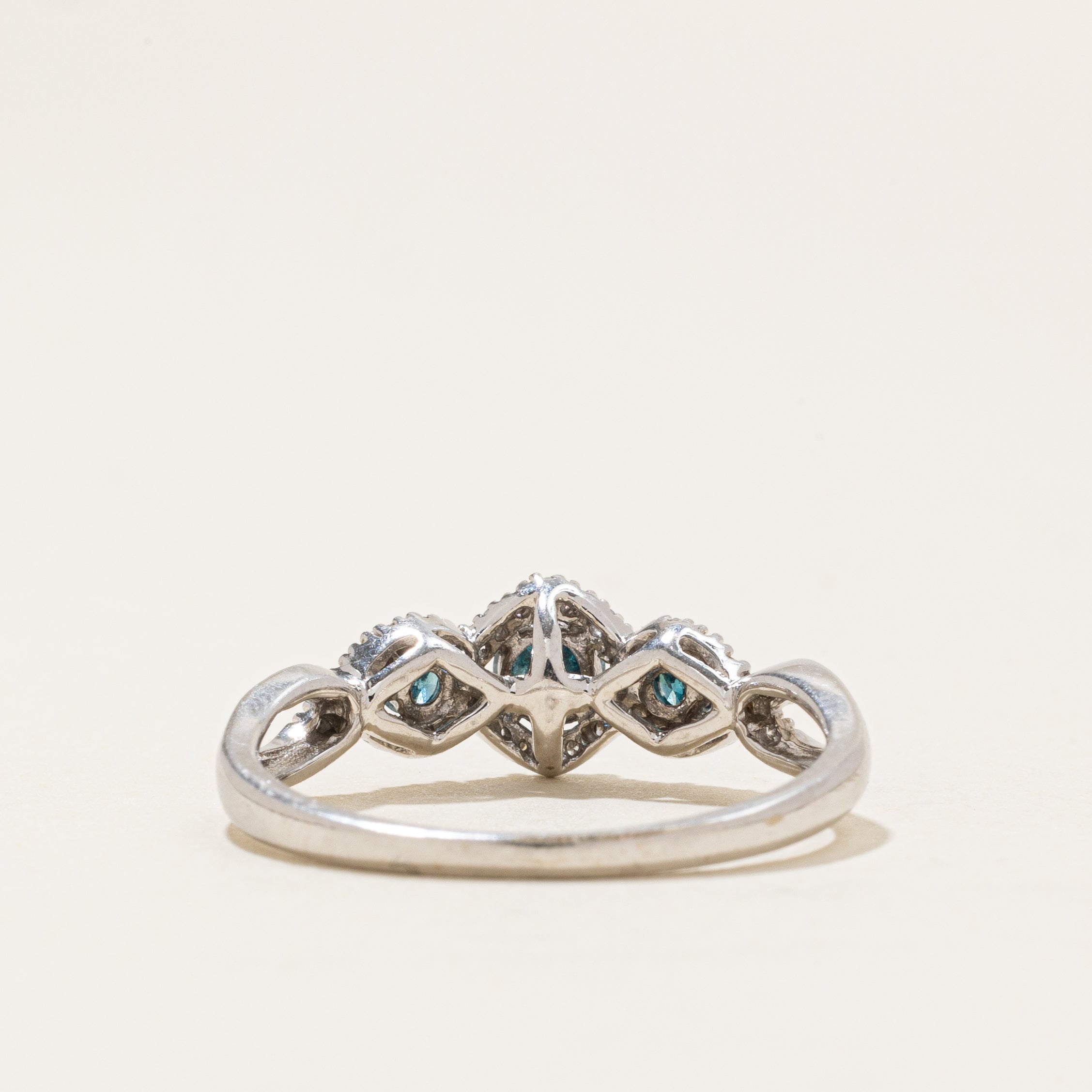 Three Stone Blue & White Diamond Halo Crossover Ring | 0.37ctw | SZ 8.5 |