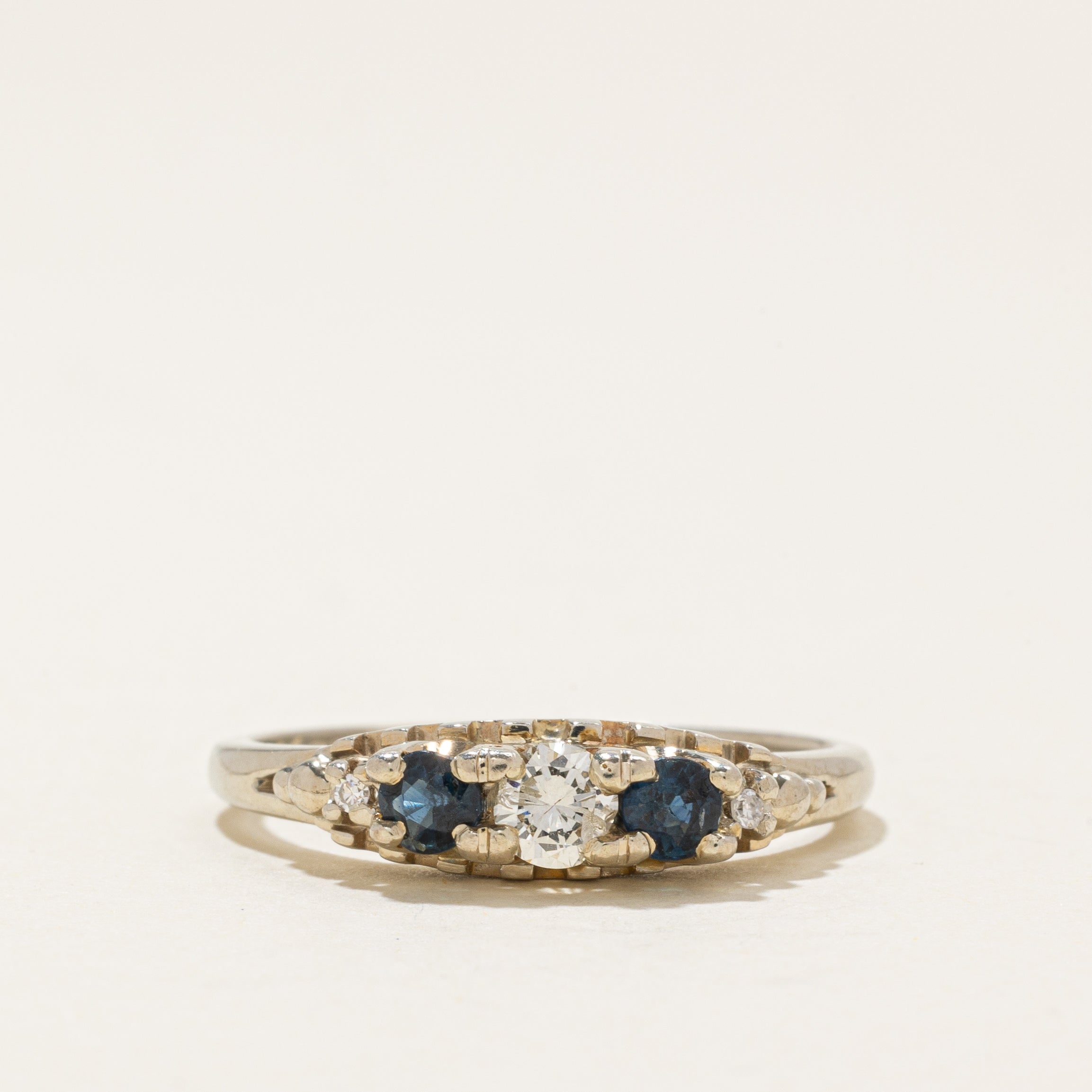 'Birks' Three Stone Diamond & Sapphire Ring | 0.22ctw, 0.18ctw | SZ 8.0 |