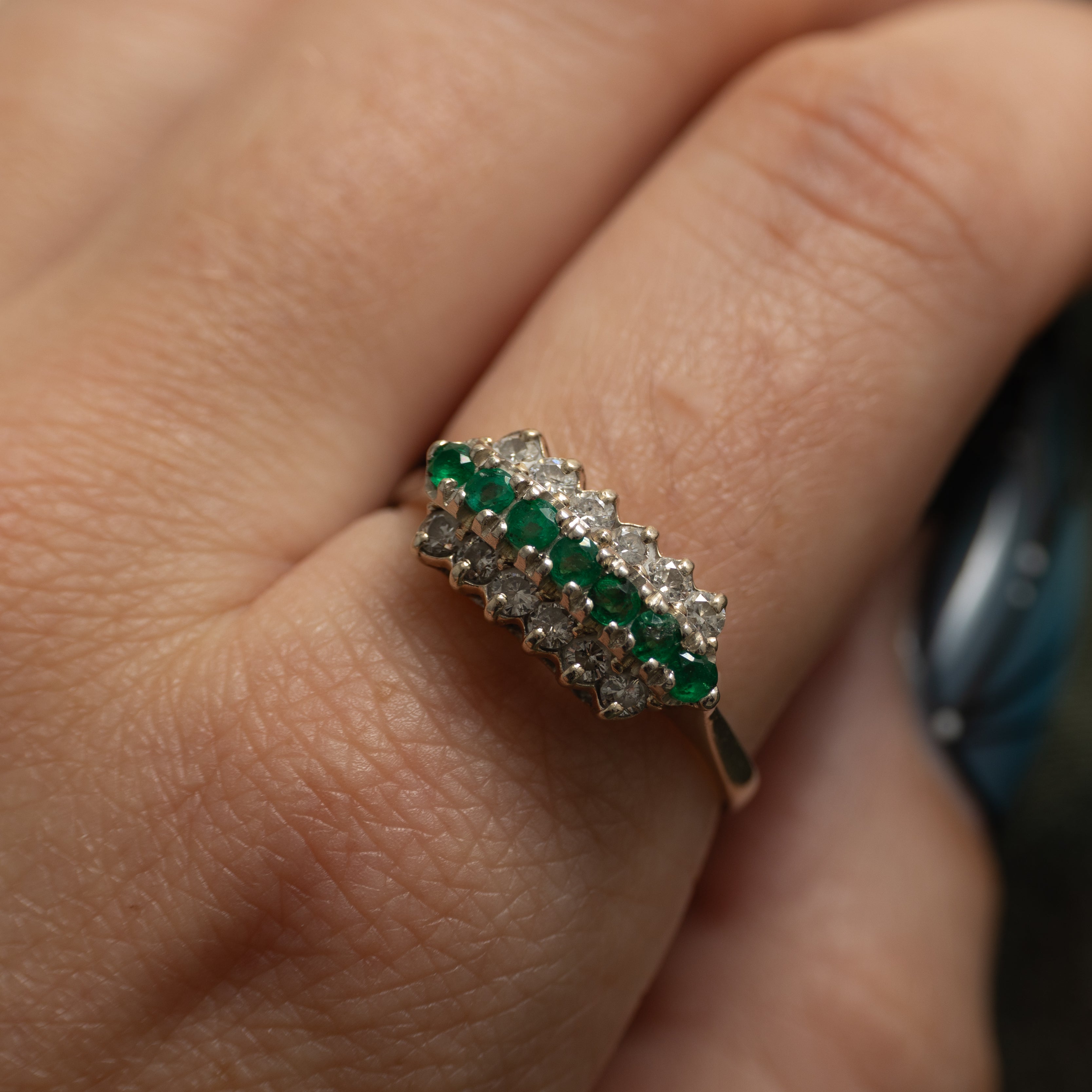 White Gold Multi Row Emerald & Diamond Ring | 0.28ctw, 0.29ctw | SZ 9