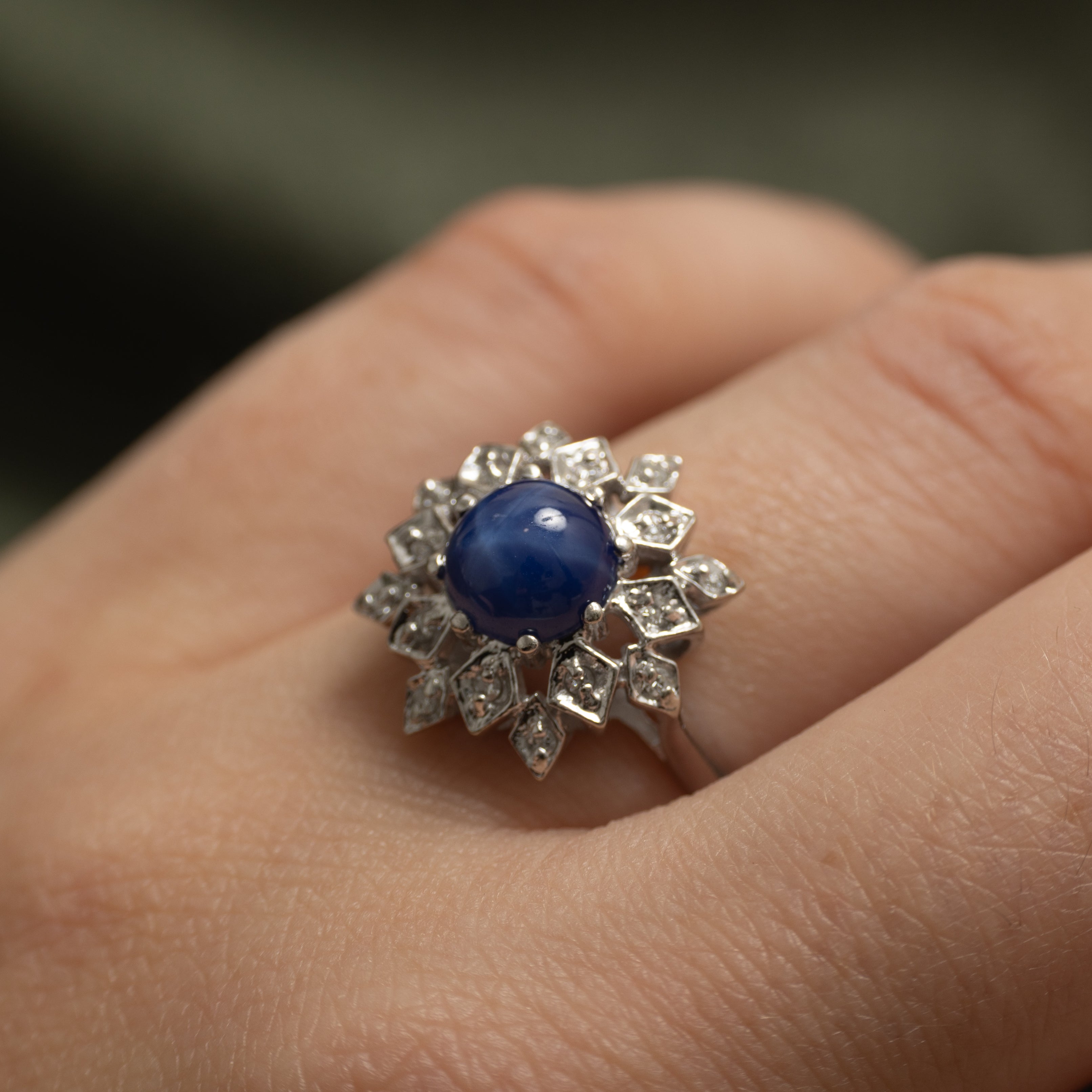 Synthetic Star Sapphire & Diamond Floral Cocktail Ring | 1.98ct, 0.08ctw | SZ 5