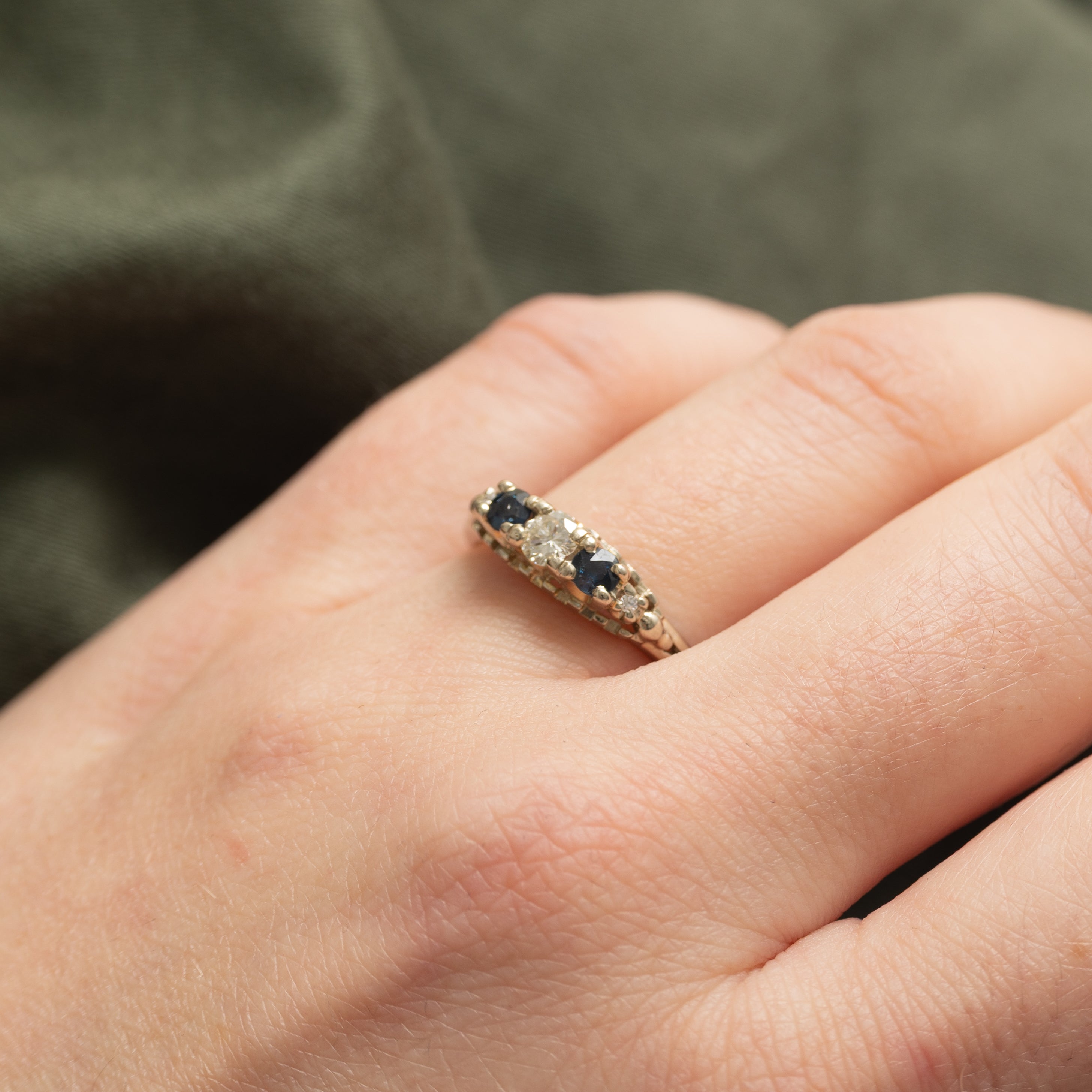 'Birks' Three Stone Diamond & Sapphire Ring | 0.22ctw, 0.18ctw | SZ 8.0 |