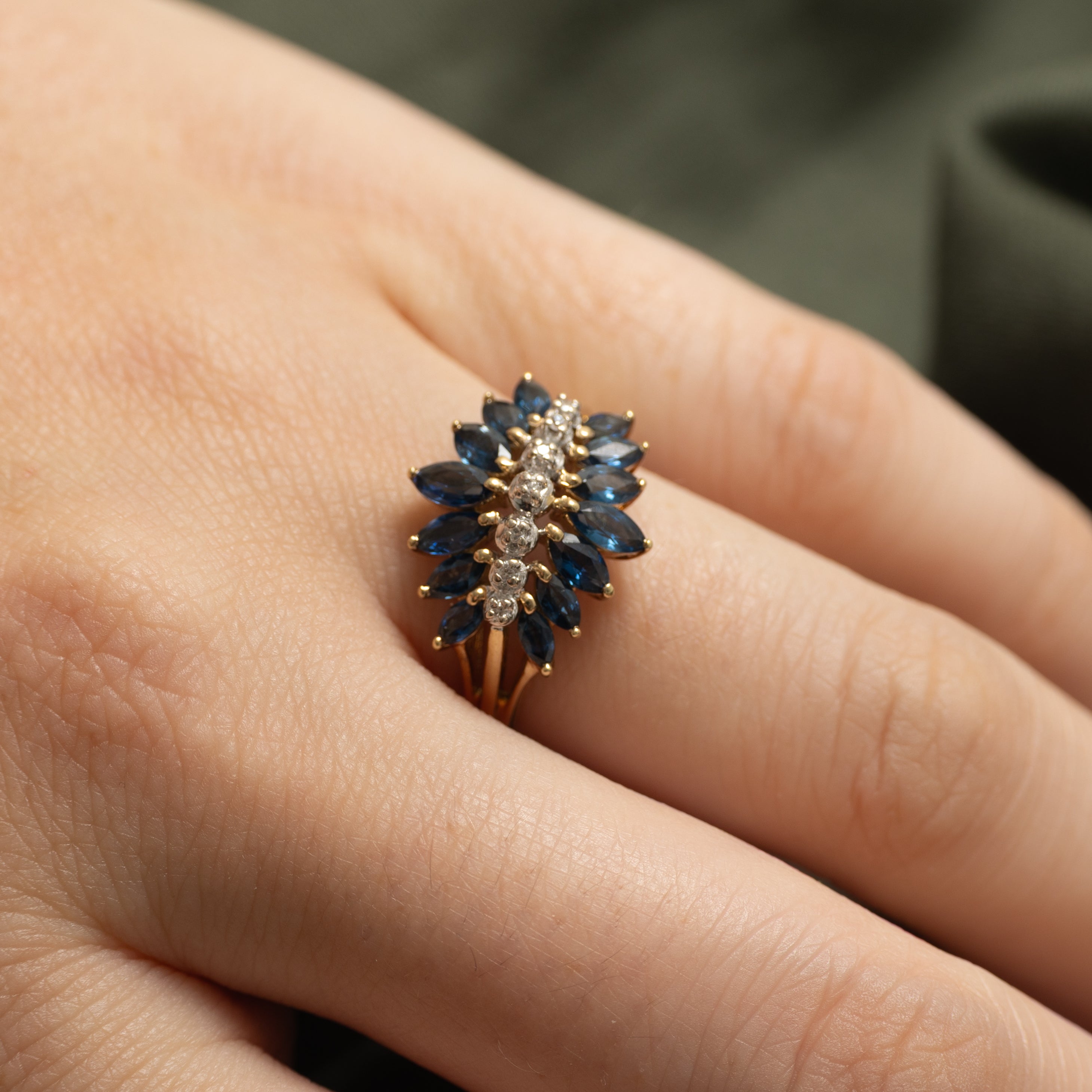Multi Row Marquise Cut Sapphire & Diamond Cocktail Ring | 1.00ctw, 0.02ctw | SZ 7