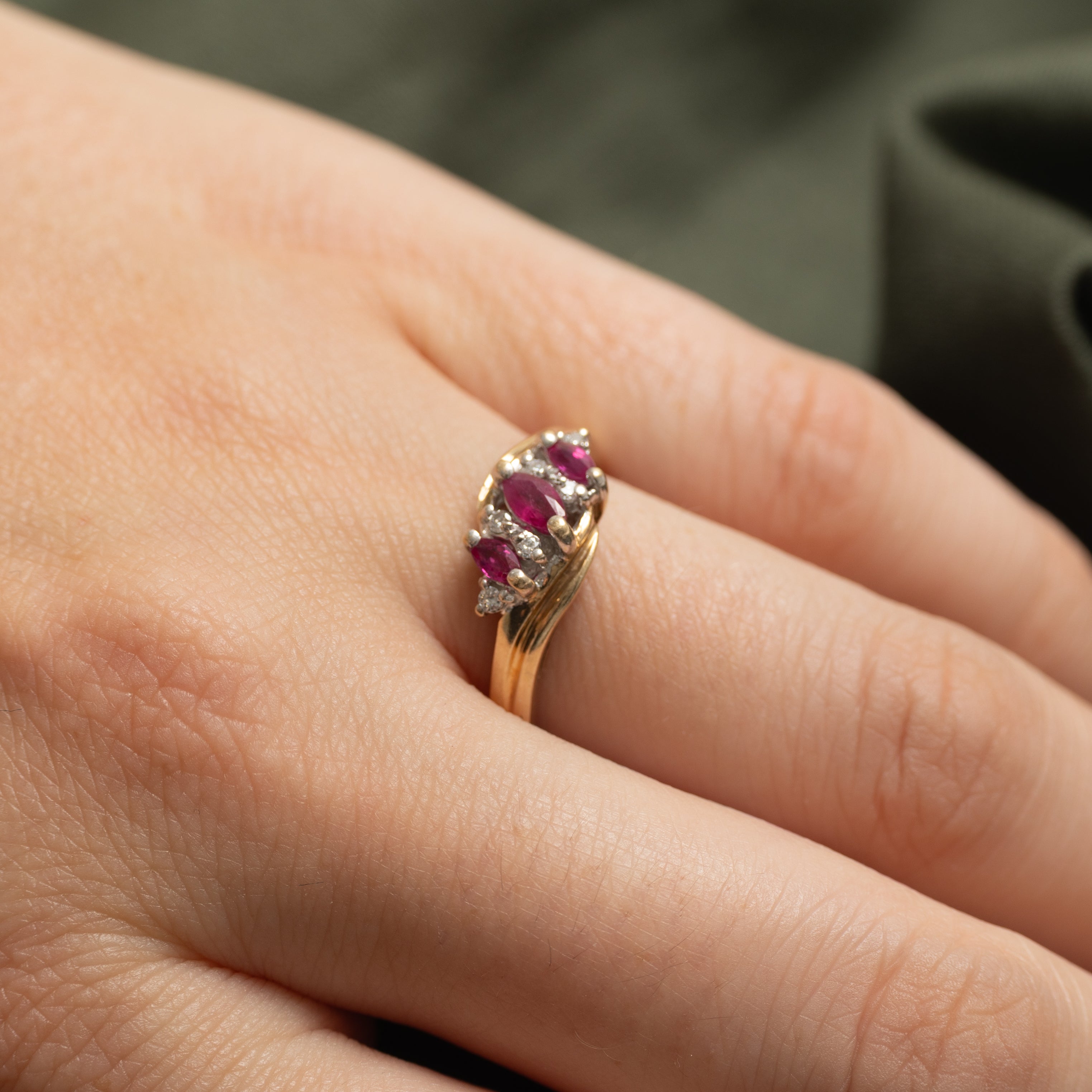 Marquise Cut Ruby & Diamond Waterfall Bypass Ring | 0.27ctw, 0.06ctw | SZ 8