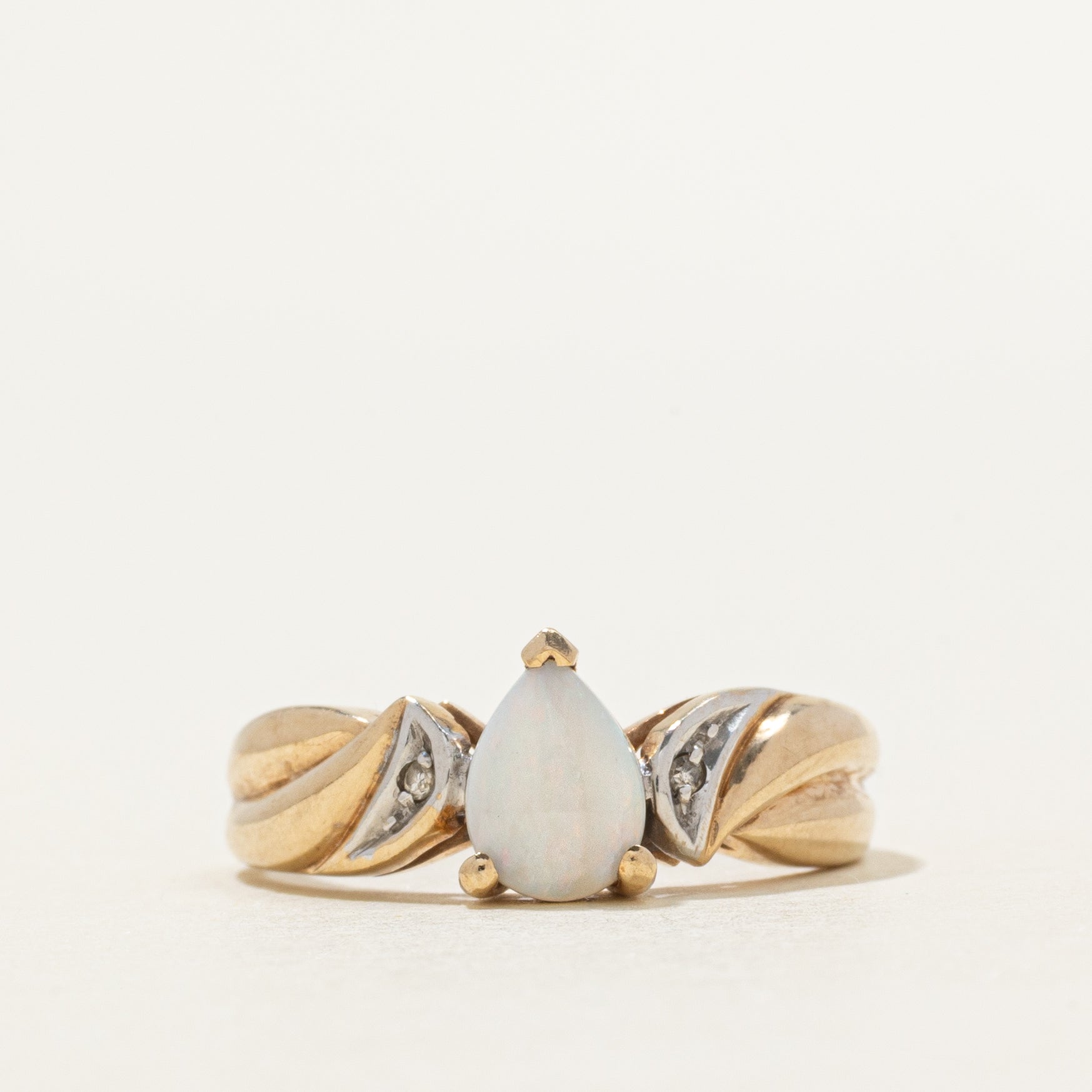 Pear Cut Opal & Diamond Grooved Ring | 0.26ct, 0.002ctw | SZ 6