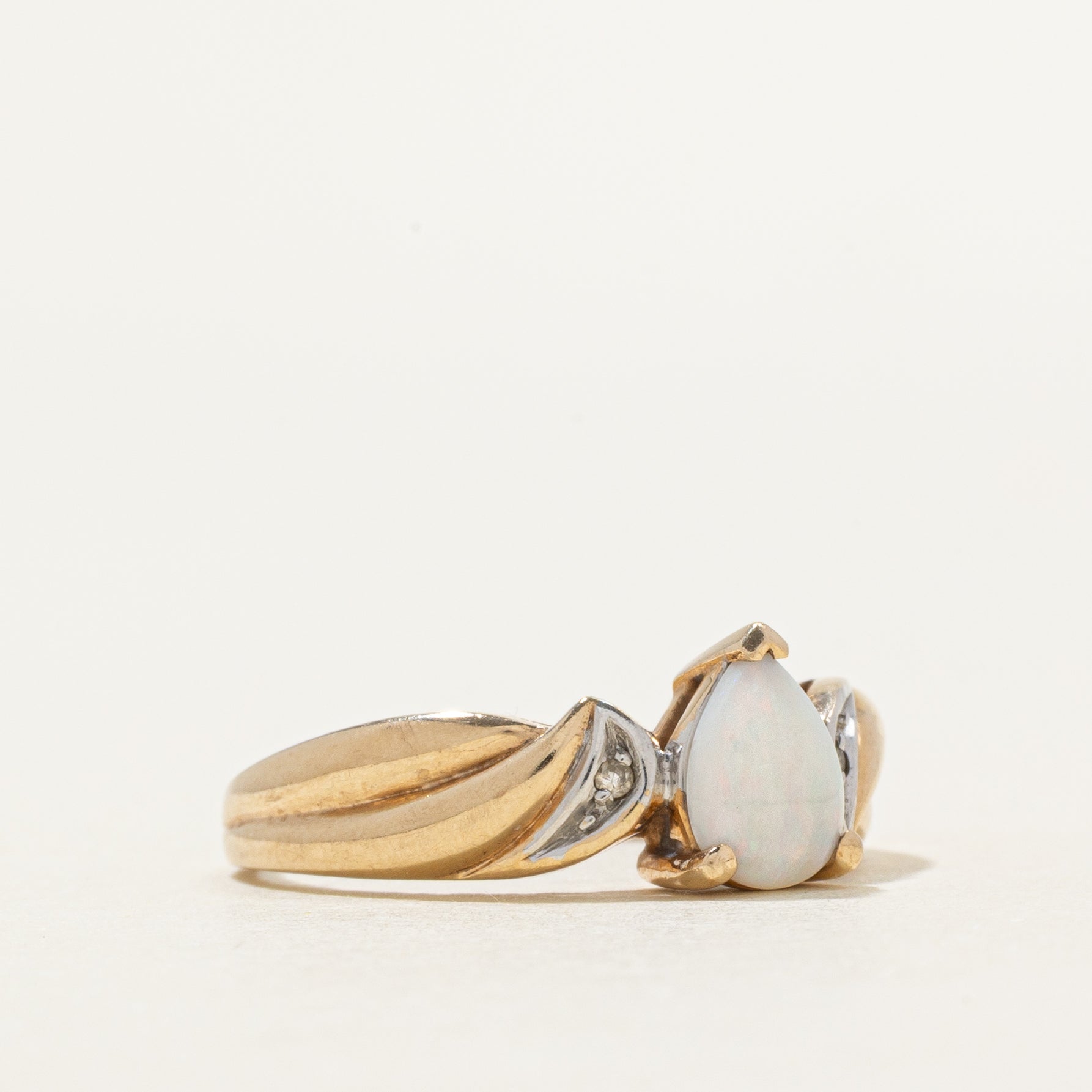 Pear Cut Opal & Diamond Grooved Ring | 0.26ct, 0.002ctw | SZ 6