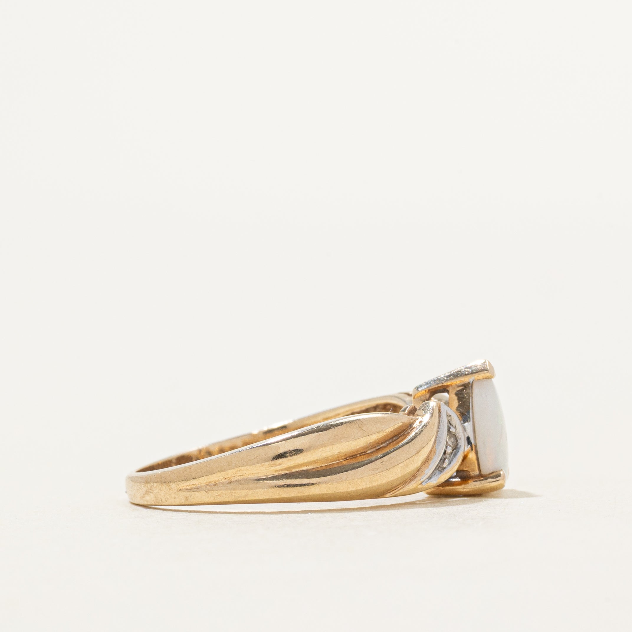 Pear Cut Opal & Diamond Grooved Ring | 0.26ct, 0.002ctw | SZ 6