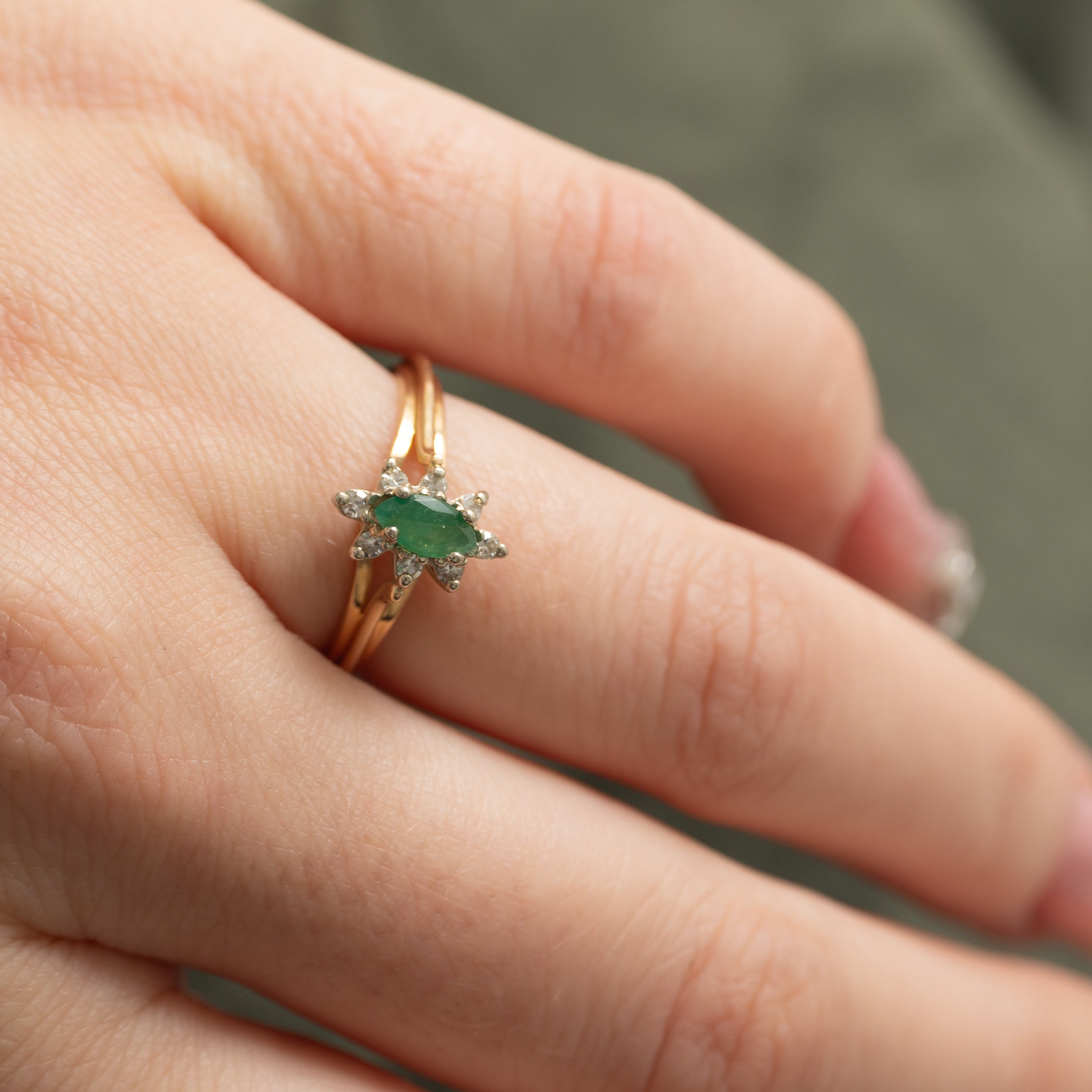 Marquise Cut Emerald & Diamond Petal Ring | 0.17ct, 0.1ctw | SZ 5.5 |