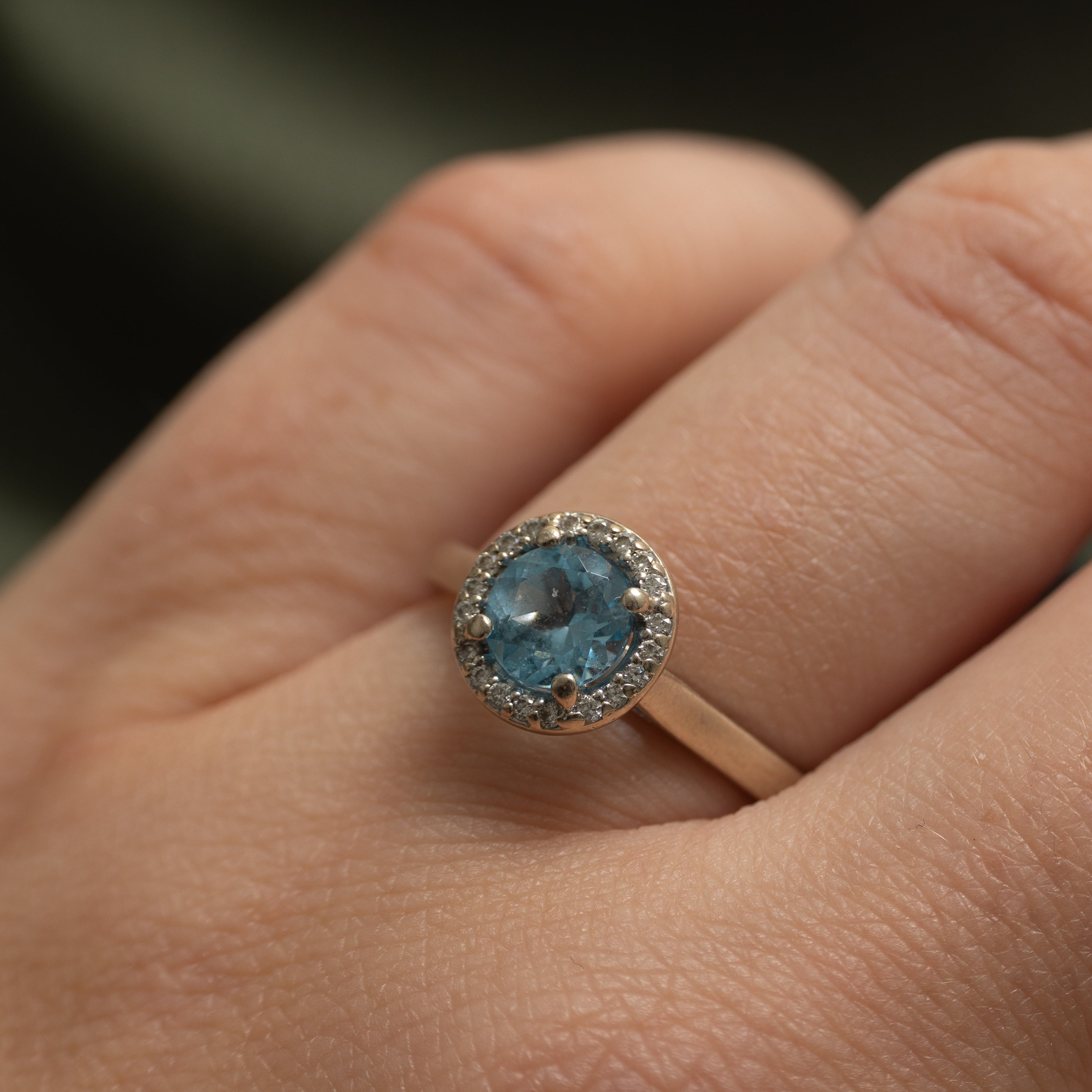 White Gold Blue Topaz & Diamond Halo Ring | 1.00ct, 0.08ctw | SZ 6.75