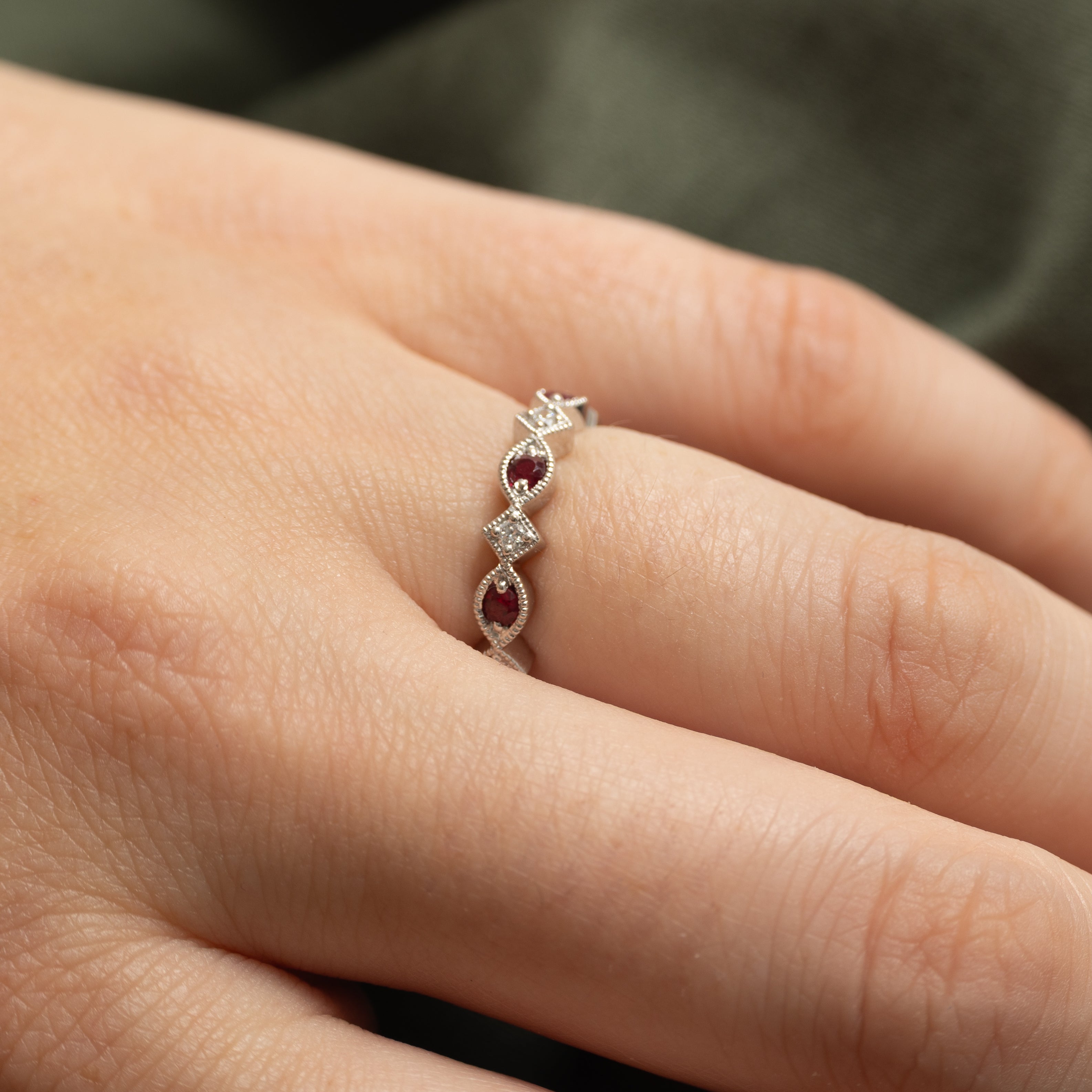 Semi-Eternity Ruby & Diamond Milgrained Ring | 0.18ctw, 0.06ctw | SZ 4.25