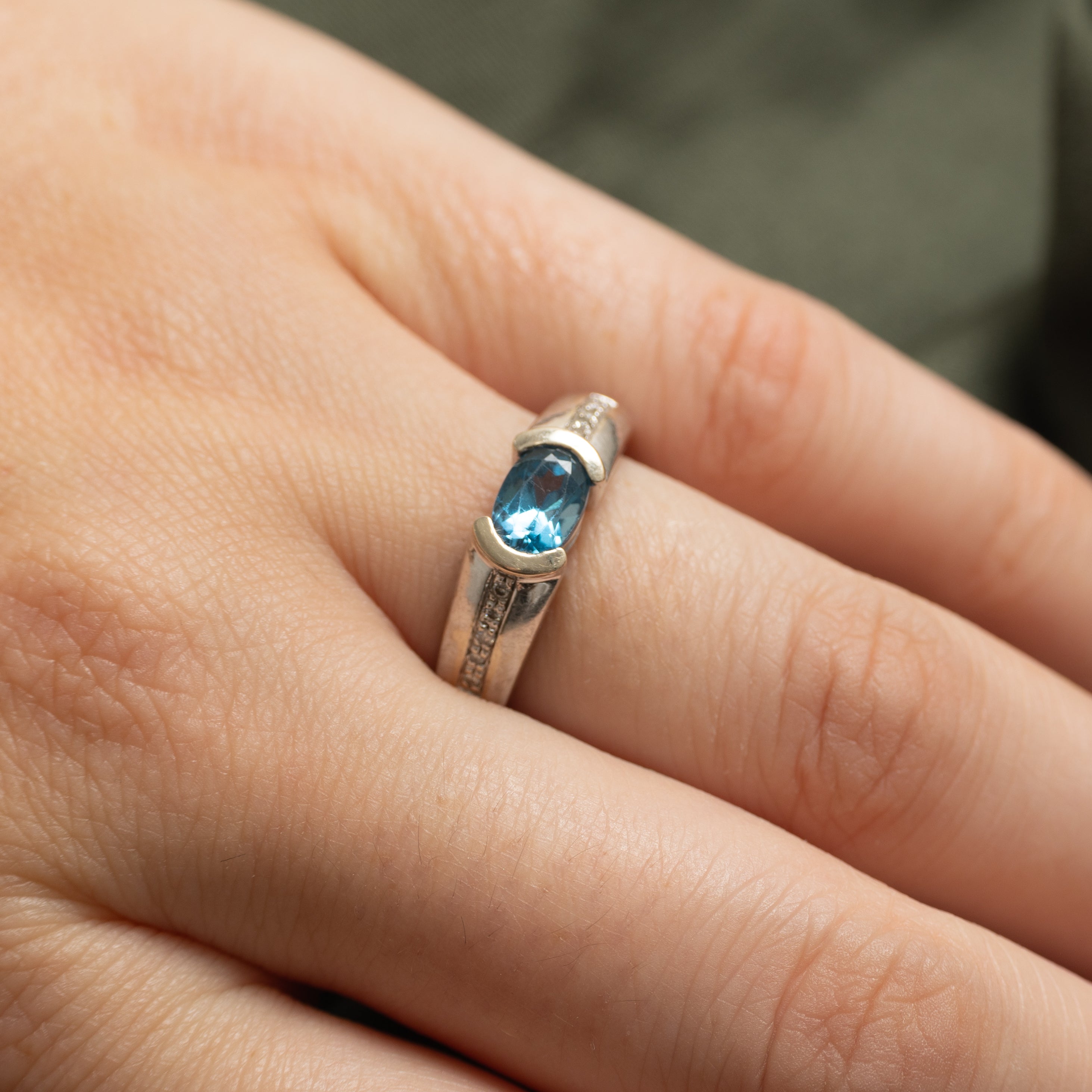 East West Blue Topaz & Diamond Ring | 0.70ct, 0.05ctw | SZ 6.5