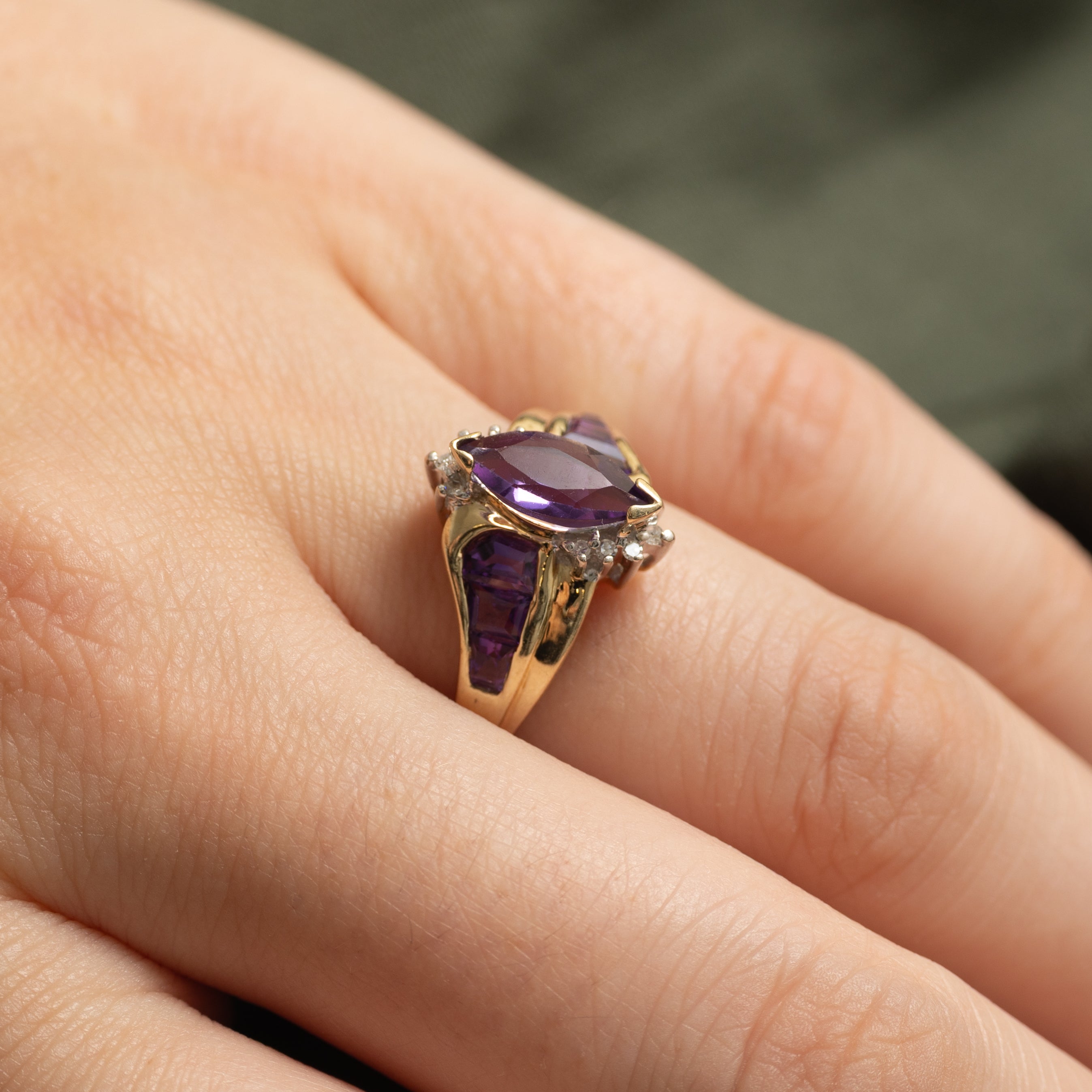 Marquise Cut Amethyst & Diamond Cocktail Ring | 1.50ctw, 0.05ctw | SZ 8.25