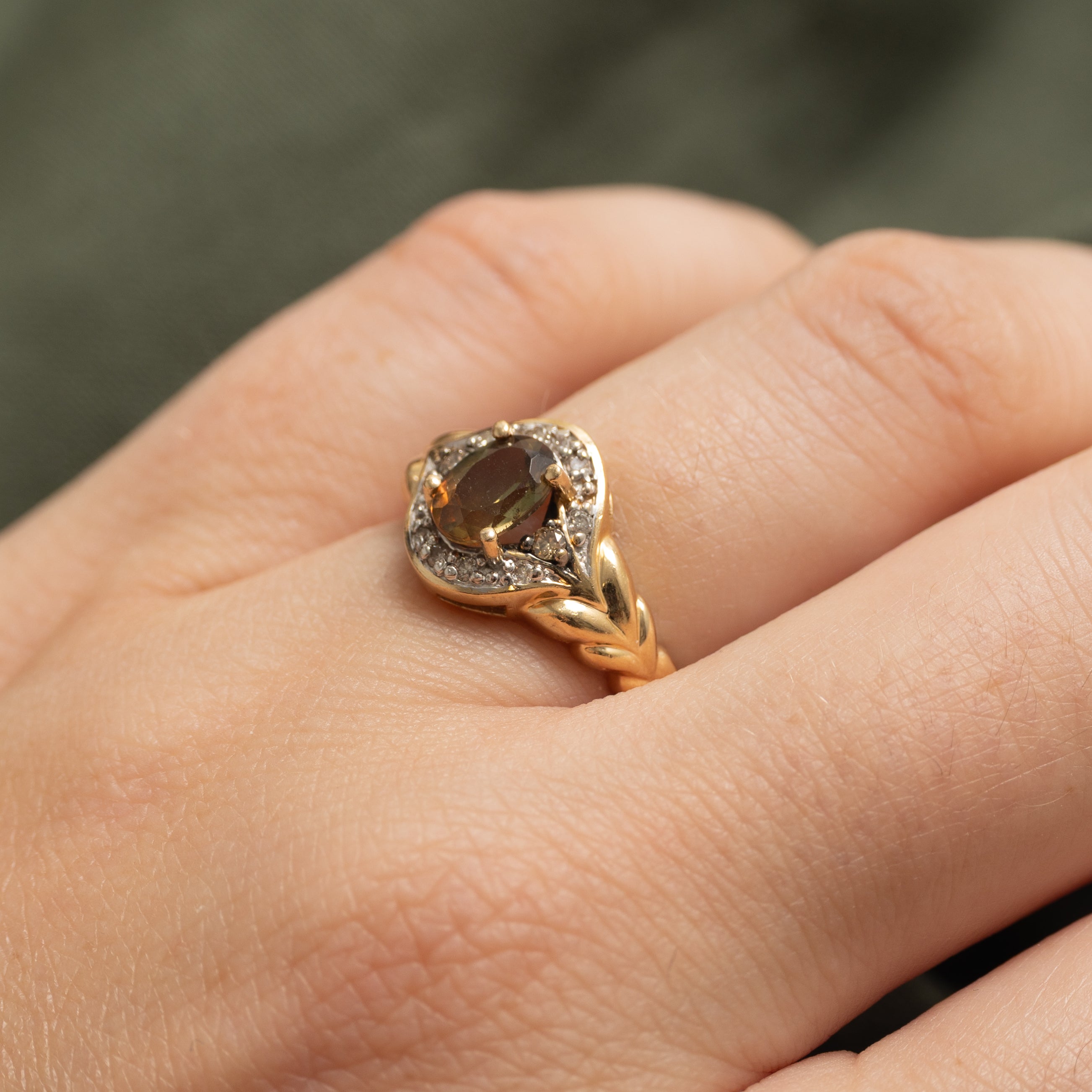 Andalusite & Diamond Halo Grooved Ring | 0.75ct, 0.10ctw | SZ 5.75
